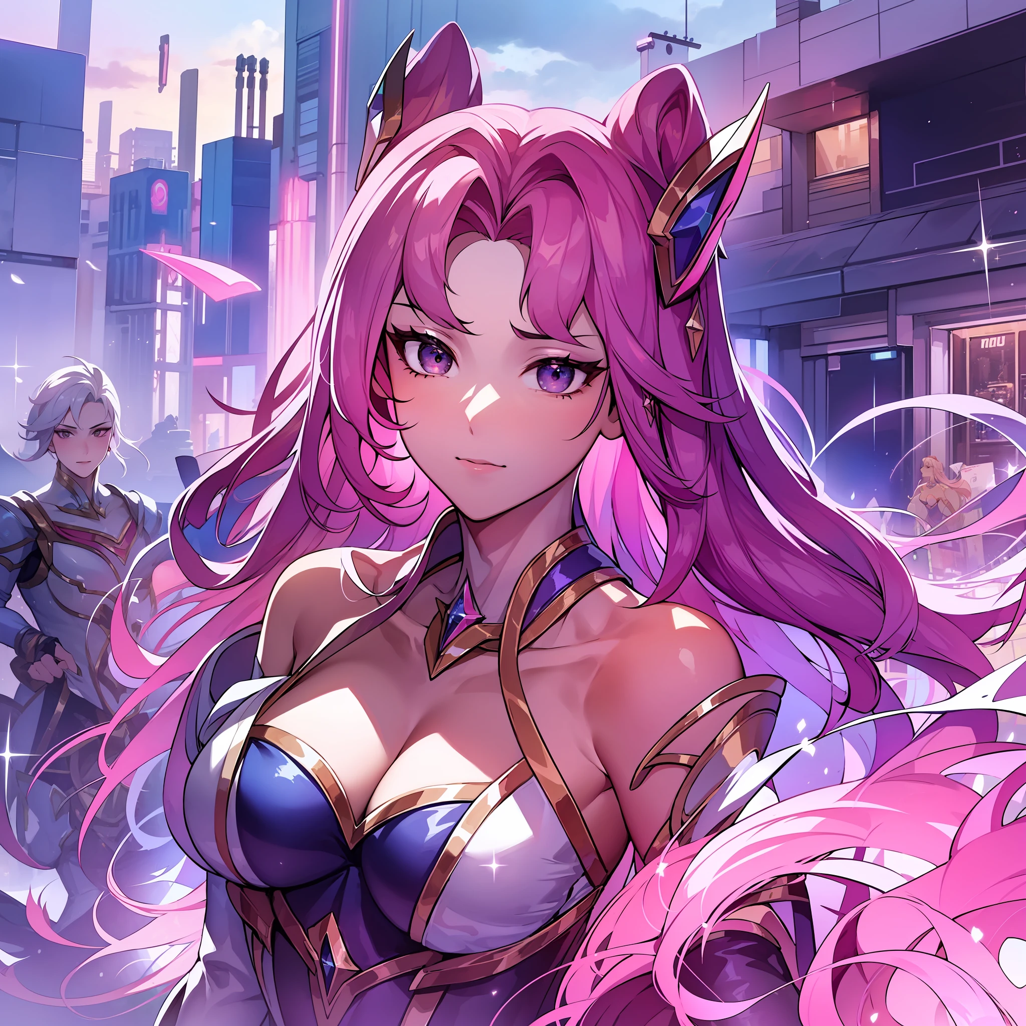 "At midnight, several retailers including Bill's, Sears, and retailers opened their doors for the first time on Black Friday, creating a bustling and exciting atmosphere. The scene features a masterpiece of ultra-detailed craftsmanship, showcasing the best quality and illumination. The focal point is a young girl with vibrant pink hair, embodying a unique and stylish look. Her striking appearance resembles Kai'Sa, a popular character with a confident and fierce attitude. The overall ambiance is enhanced by the mesmerizing backdrop of twilight, with watercolor-like clouds and gentle drops of water adding depth to the scene."