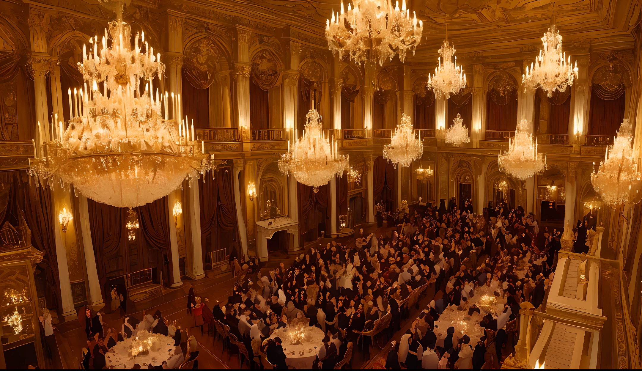 best quality, luxurious party, castle, chandelier, people dancing, perspective view from the second floor of the hall