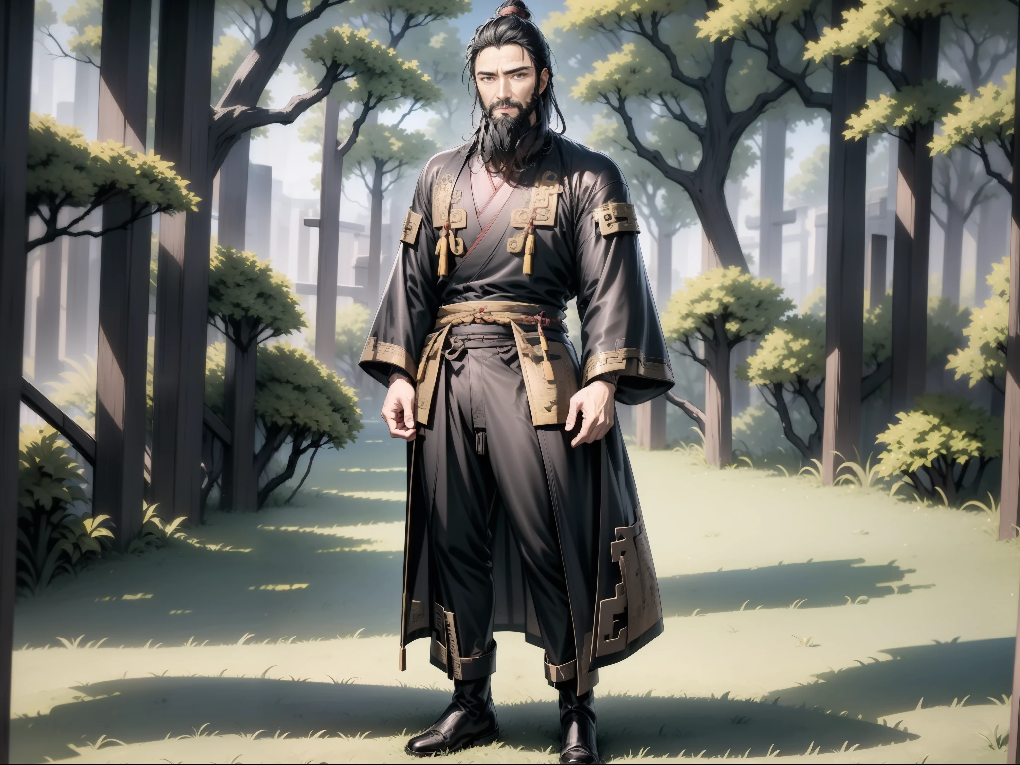 Ultra HD, ultimate masterpiece, high detail depiction, best picture quality, 8k, anime style, Chinese Han Dynasty, a mature man, 35 years old, headpin, super detailed face, beard, black eyes, wearing Hanfu, black belt, black leather boots, standing on the grass, full body, far view
