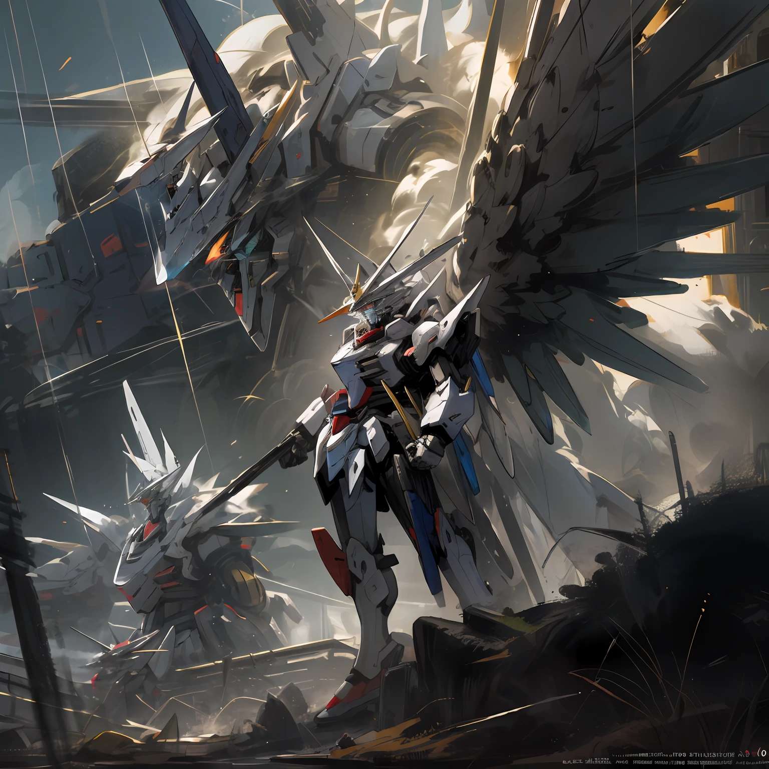 1 Gundam, Front Shot, Gundam Wings, White Monster, Gundam Wings by Kaeo, Concept Digital Art Style, Frostpunk, Nikon AF600, Lots of Use of Palette Knife, Dynamic Outdoor Shot, Astropunk, uied.cn--v 5