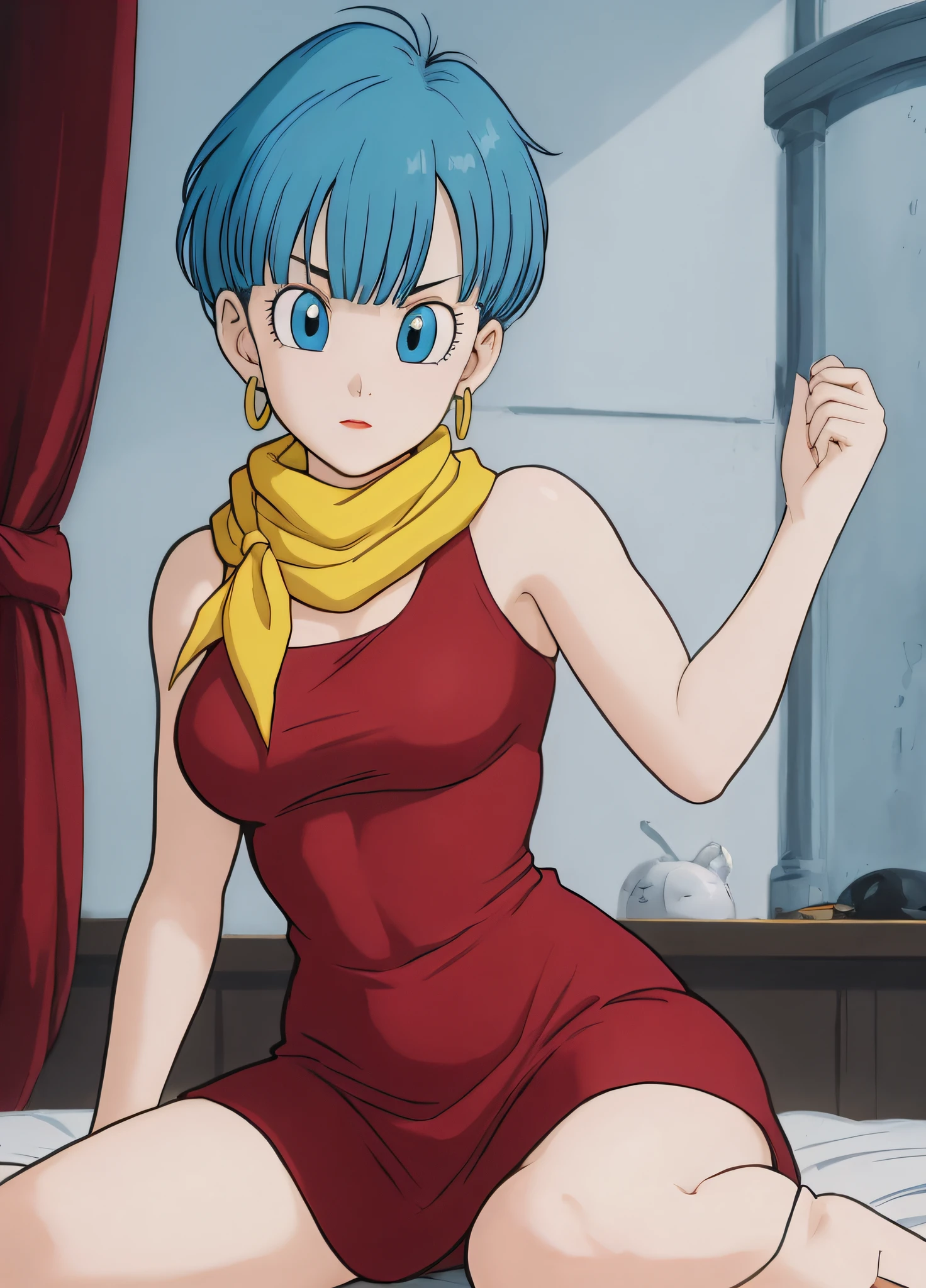 masterpiece, best quality, highest quality, (photorealistic),  perfect anatomy, perfect face, perfect eyes,
bulmadbzreddress, aqua hair, red dress, short hair,  blue eyes, yellow scarf,  sleeveless, earrings, sexy pose, 1girl, on bed, lying, lying on bed, sexy pose