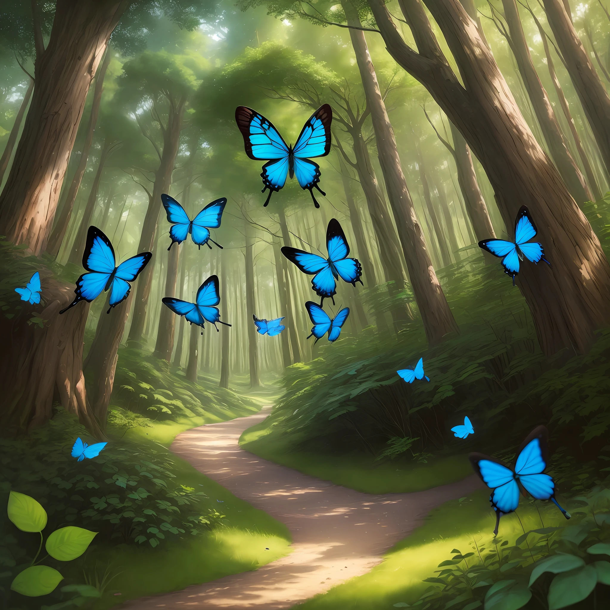 Realistic, real, beautiful photo like oil painting, in the forest, Hayao Miyazaki's world, beautiful landscape, blue butterflies, butterflies in focus, butterflies in the middle of the photo