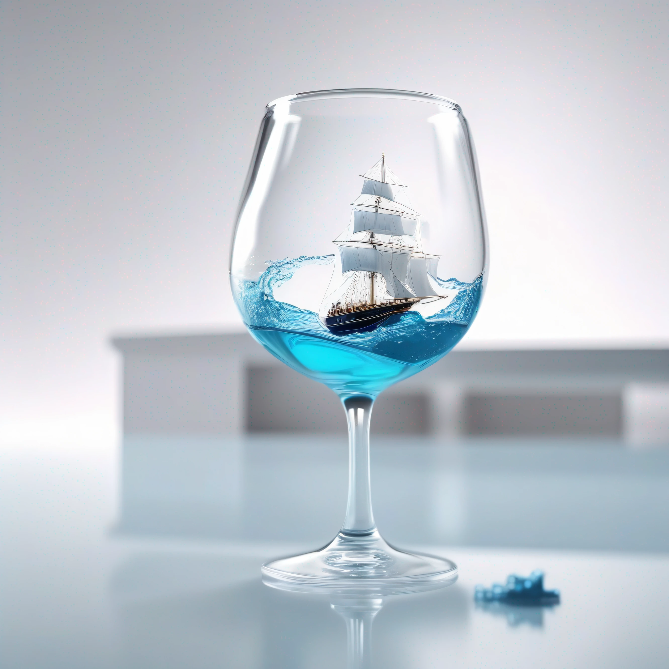 A miniature ship inside an elegant glass of wine, half full of blue Curacao and tilted like a very tormented sea, full white background, on top of a counter, photorealistic 8K --auto