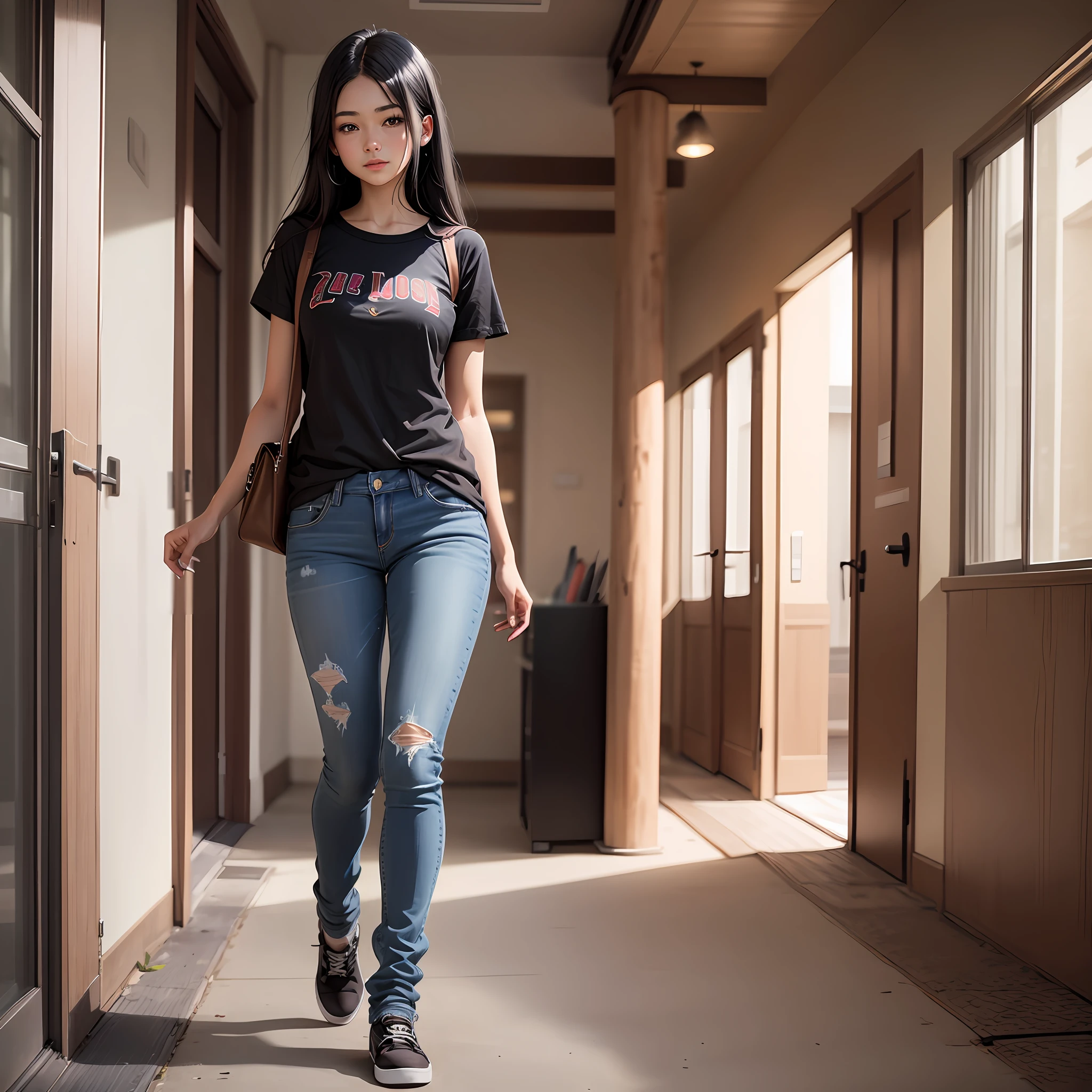 Girl 16 years dressed in jeans school shirt black hair 1.70 tall Brazilian full body drawing