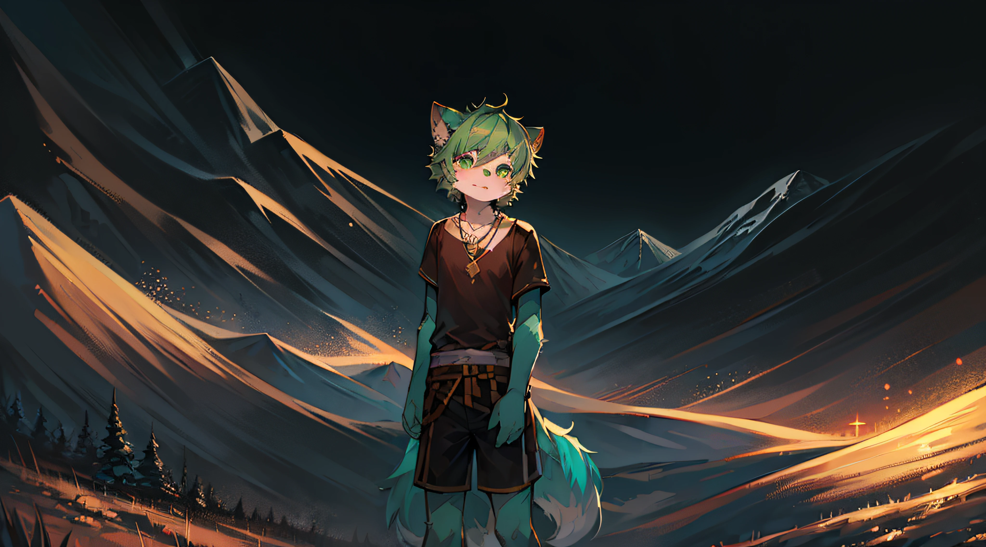 (Bright Environment: 0.8), Masterpiece, High Quality, Abstract Res, Digital Painting\(Artwork\), by Dagasi, Yupa, Kiyosan, (Anthro, Fluffy Fur, Character Focus: 1.1), Anthro Male Cat, Short Hair, Portrait , bright eyes, panorama, character focus. (Detailed background: 0.7),, Furry, Furry male, Male focus, Anthr, (full body fur, fluffy tail, dark green fur, light green eyes, dark green hair: 1.3), (long canine, short sleeves, shorts, necklace: 1.3), (grassland, mountain, forest, genshin: 1.1)