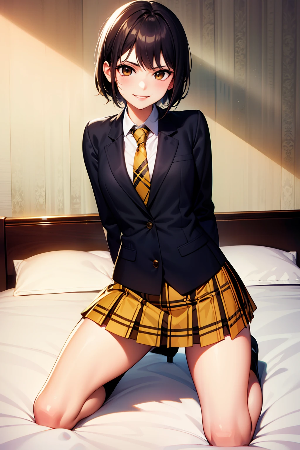 Masterpiece, top quality, high resolution, masterpiece, adult woman, single, school uniform, yellow plaid tie, white shirt, pleated mini skirt, yellow plaid miniskirt, short hair, evil smile, black hair, bad smile, evil plan, brown eyes, dark room, love hotel room, bed, kneeling