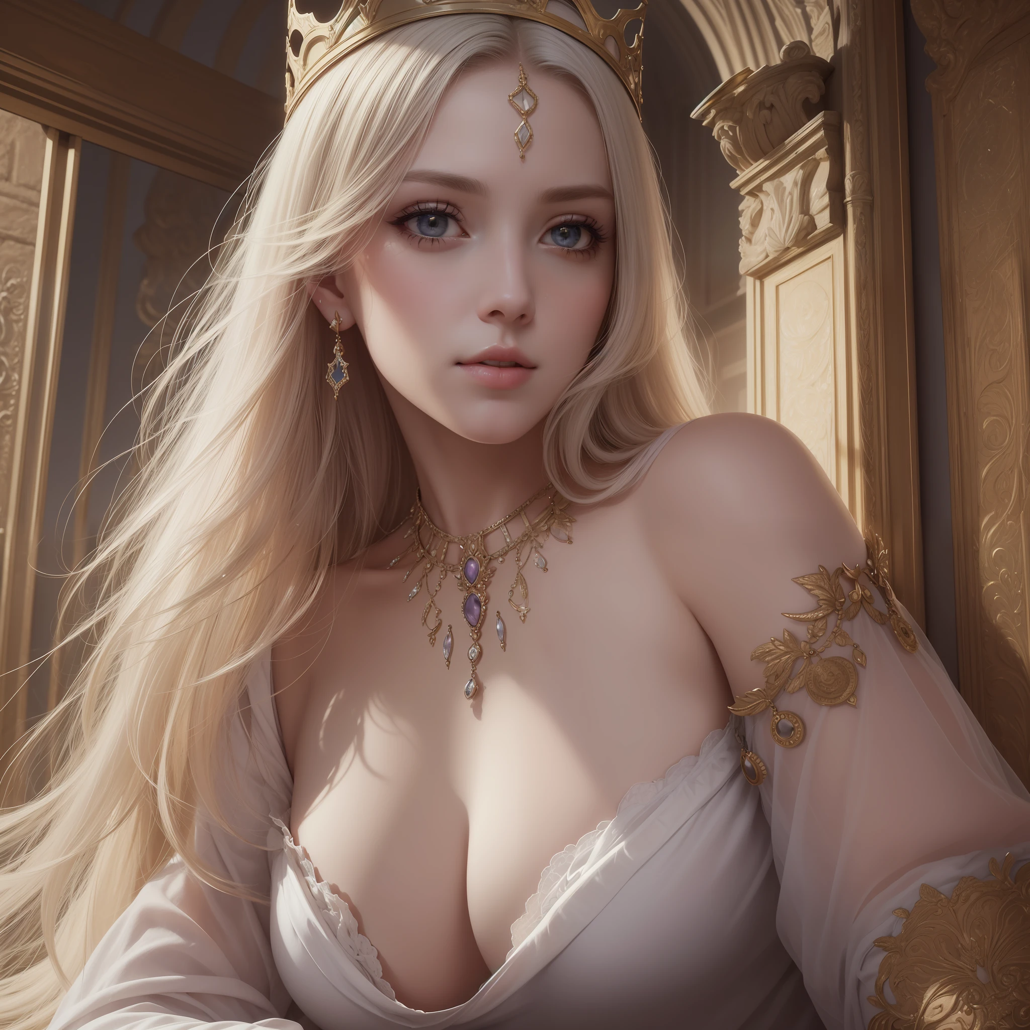 (Ultra Real), (Illustration), (High Resolution), (8K), (Very Detailed), (Beautiful Detailed Eyes), (Best Quality), (Super Detail), (Masterpiece), (Desktop Wallpaper), Beautiful Face, (Detailed Face), (Detailed Face), Clear Facial Features, Milky White, Fair Skin, High Detail Skin, Realistic Skin Details, Visible Pores, (Dynamic Pose), Lying on a Soft Bed, Noble Queen, John Collier and Albert Obright and Krenz S. Art by Kussatte and Artem Demula, open shoulders, shallow smile, camelto, half-body, perfect scale, light transparent pajamas, doorway, side light, ray luminescence, optical, purple sheets