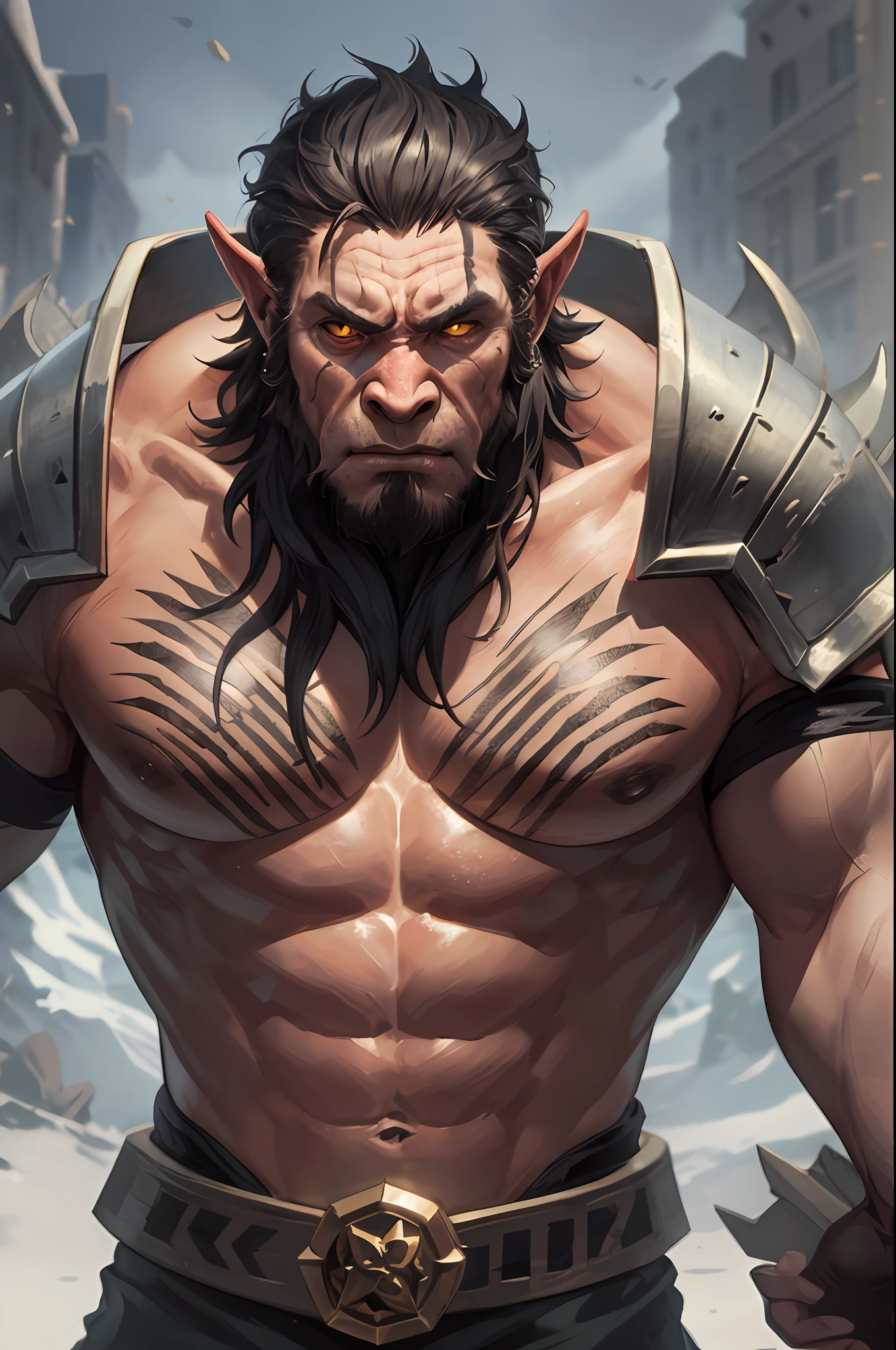 Head: The Orc Berseker has a robust head with a rough and rough skin. They have prominent fangs protruding from their jaws, a broad, flattened nose, and thick, protruding eyebrows. Their eyes are yellow or reddish, and their expression is usually fierce and wild.
Hair: They have short, thick hair, usually in shades of black, dark brown or gray. The hair is rough and shaggy, with a few tangled locks.
Body: Orc Berseker's body is muscular and bulky. They have broad shoulders, strong arms, and sturdy legs. The skin is a grayish green hue, with some battle marks or tribal tattoos scattered all over the body. Scars and bruises may also be visible, indicating your combat life.
Armor: Orc Bersekers often wear heavy armor, made of sturdy leather, metal, and other raw materials. The armor is designed to offer maximum protection without restricting your movements. It may have tribal details or adornments with animal tusks.
Weapons: As brutal warriors, the Orc Bersekers wield melee weapons. This can include battle axes, war hammers, large swords, or double axes. Their weapons are usually large and heavy, allowing them to deal devastating damage to their enemies.
Posture and Expression: A Berseker Orc has an upright and powerful posture, conveying a sense of readiness for combat. They usually have an intense facial expression, with wide eyes and clenched teeth, reflecting their fierce and merciless nature.