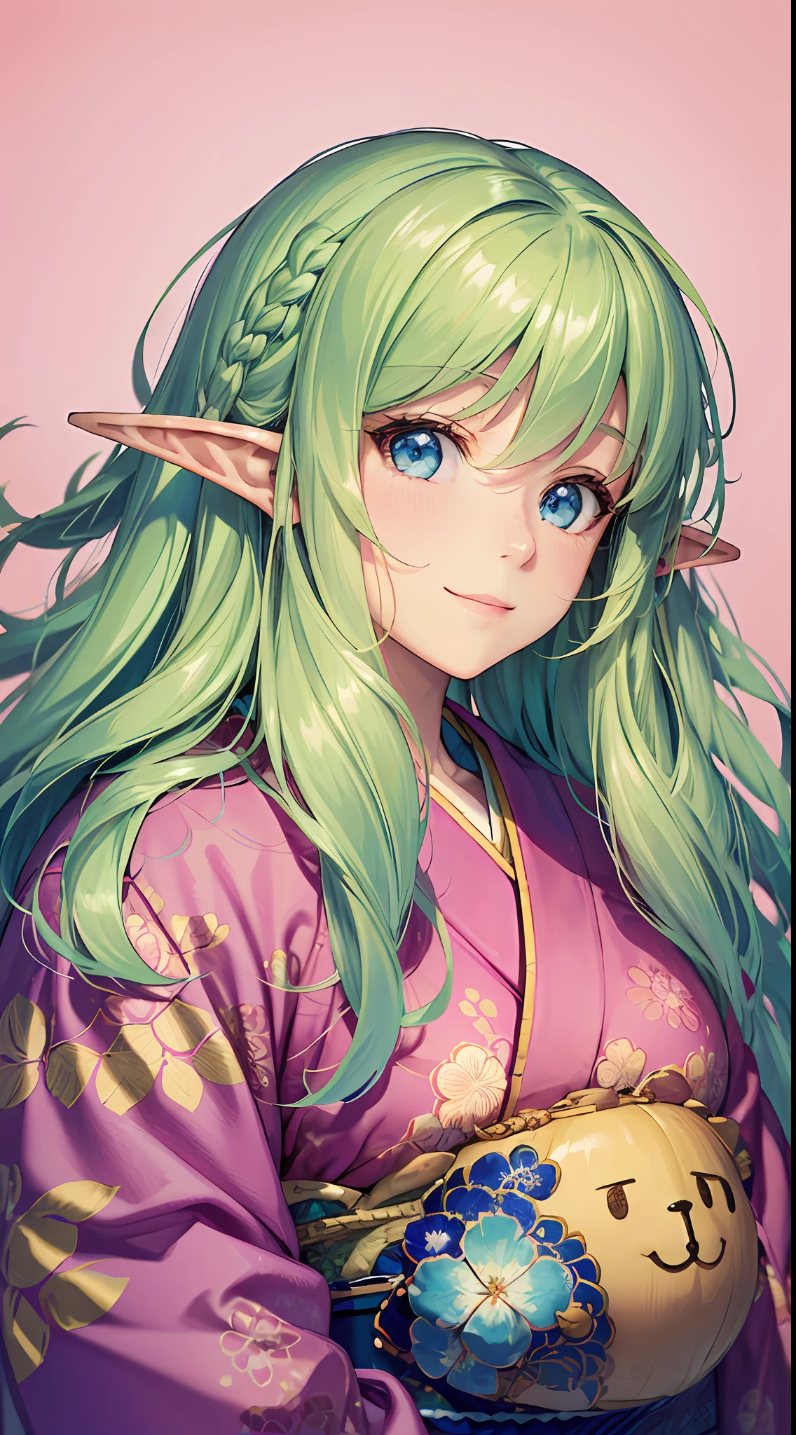 An elf with a large body, long straight yellowish hair, blue eyes, a friendly expression, dressed in a pink kimono, on a pink background.