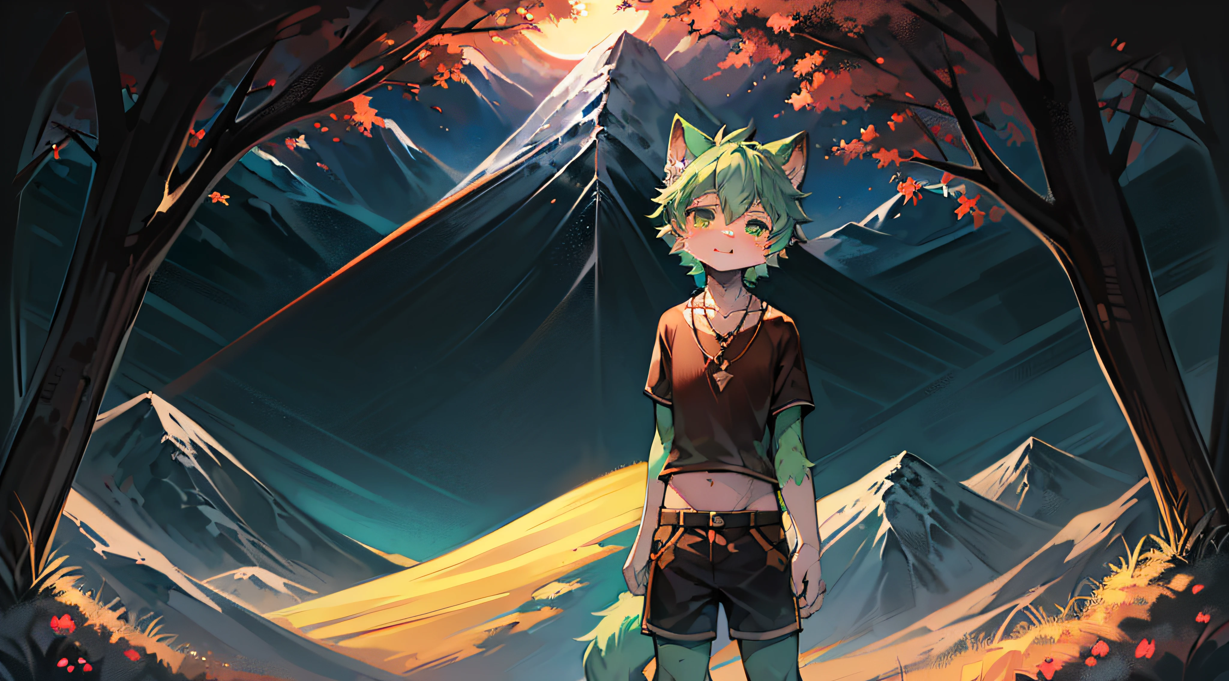 (Bright Environment: 0.8), Masterpiece, High Quality, Abstract Res, Digital Painting\(Artwork\), by Dagasi, Yupa, Kiyosan, (Anthro, Fluffy Fur, Character Focus: 1.1), Anthro Male Cat, Short Hair, Portrait , bright eyes, panorama, character focus. (Detailed background: 0.7),, Furry, Furry male, Male focus, Anthr, (full body fur, fluffy tail, dark green fur, light green eyes, dark green hair: 1.3), (long canine, short sleeves, shorts, necklace: 1.3), (grassland, mountain, forest, genshin: 1.1)