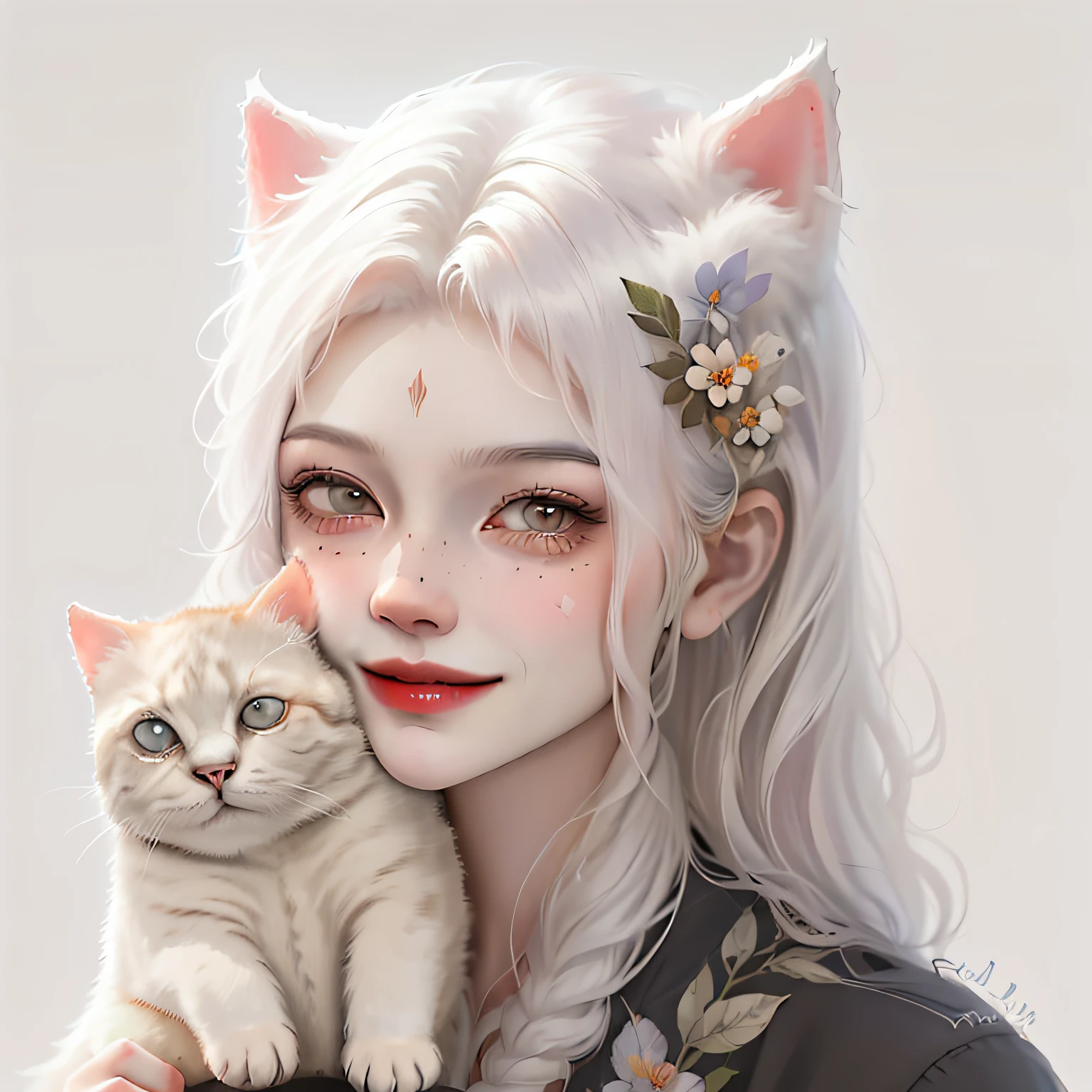 (masterpiece), (best quality), (ultra-detailed), digital painting, illustration, ((portrait)), pastel colors, bloom, (no humans), (simple background: 1.4), (clean background: 1.4), (blurred background: 1.3), A (fat white cat), () girl with cat ears) (balaclava filled with flowers: 1.5), (half) (45 degree side face), (grin: 1.2)