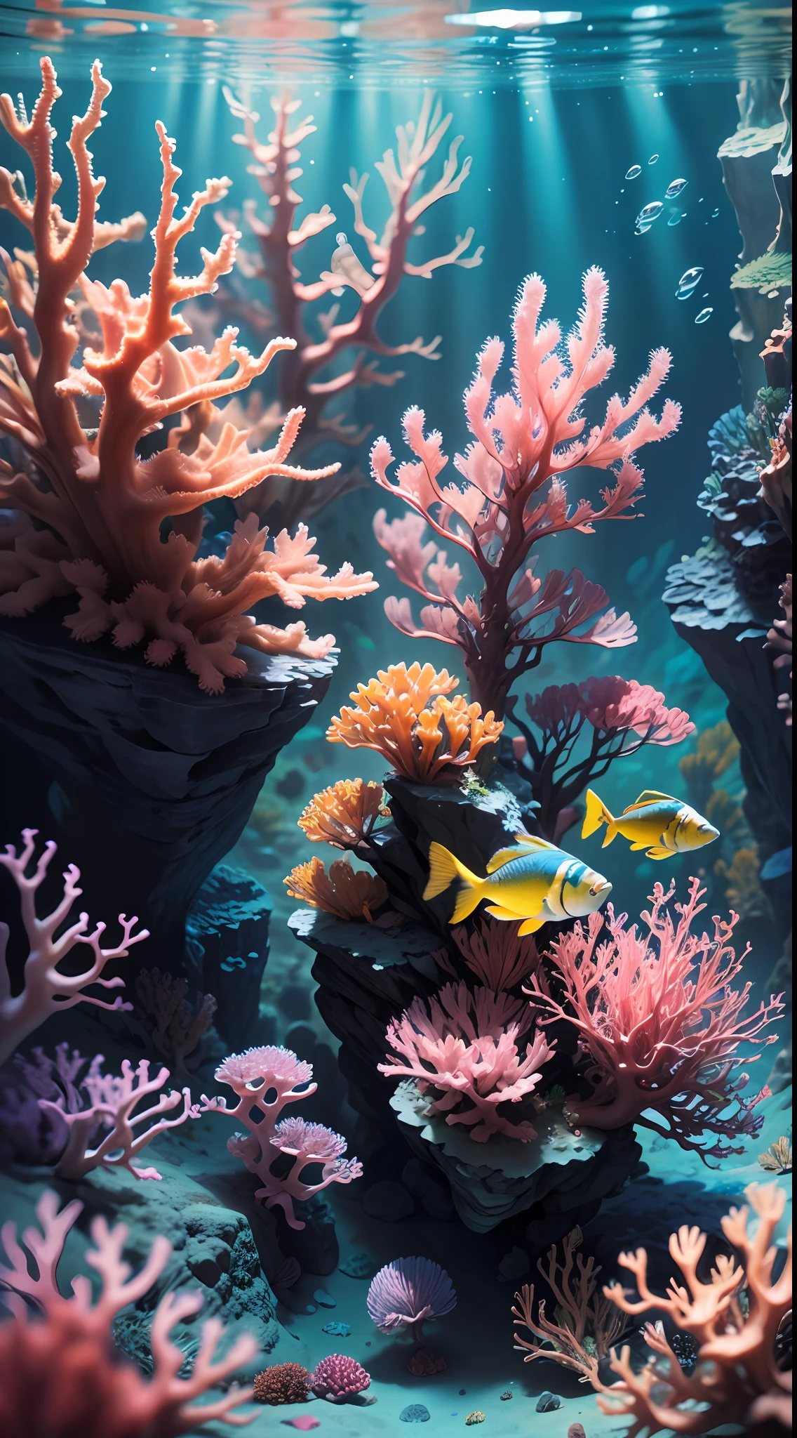 (masterpiece, best quality:1.2), (no humans, cliff, underwater, perspective, from below:1.5), 8k, raw photo, absurdres, beautiful coral reef, rocks, many very small fishs, colorful tropical fishs, light leaks, depth of field, stunning scape, film grain, chromatic aberration, dynamic lighting, dramatic lighting, HDR, photorealistic, film grain, chromatic aberration, highres, ultra detailed, finely detail, extremely detailed, shadow, sharp focus