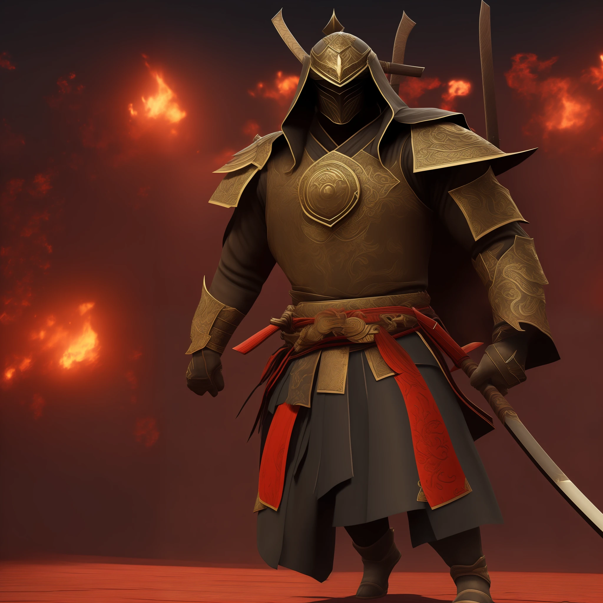 Samurai Boss armor red tank. 3 katanas, one red light katana. Dark moon red night 4k --auto