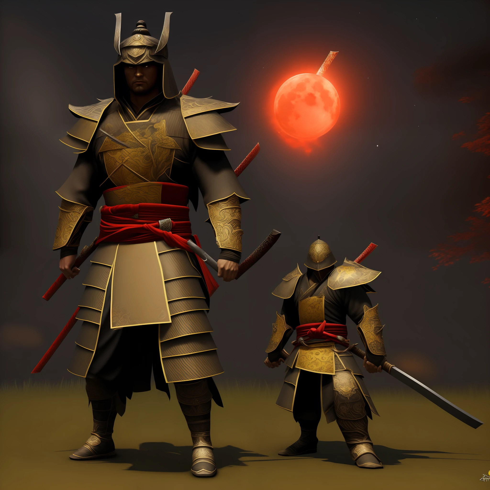 Samurai Boss armor red tank. 3 katanas, one red light katana. Dark moon red night 4k --auto