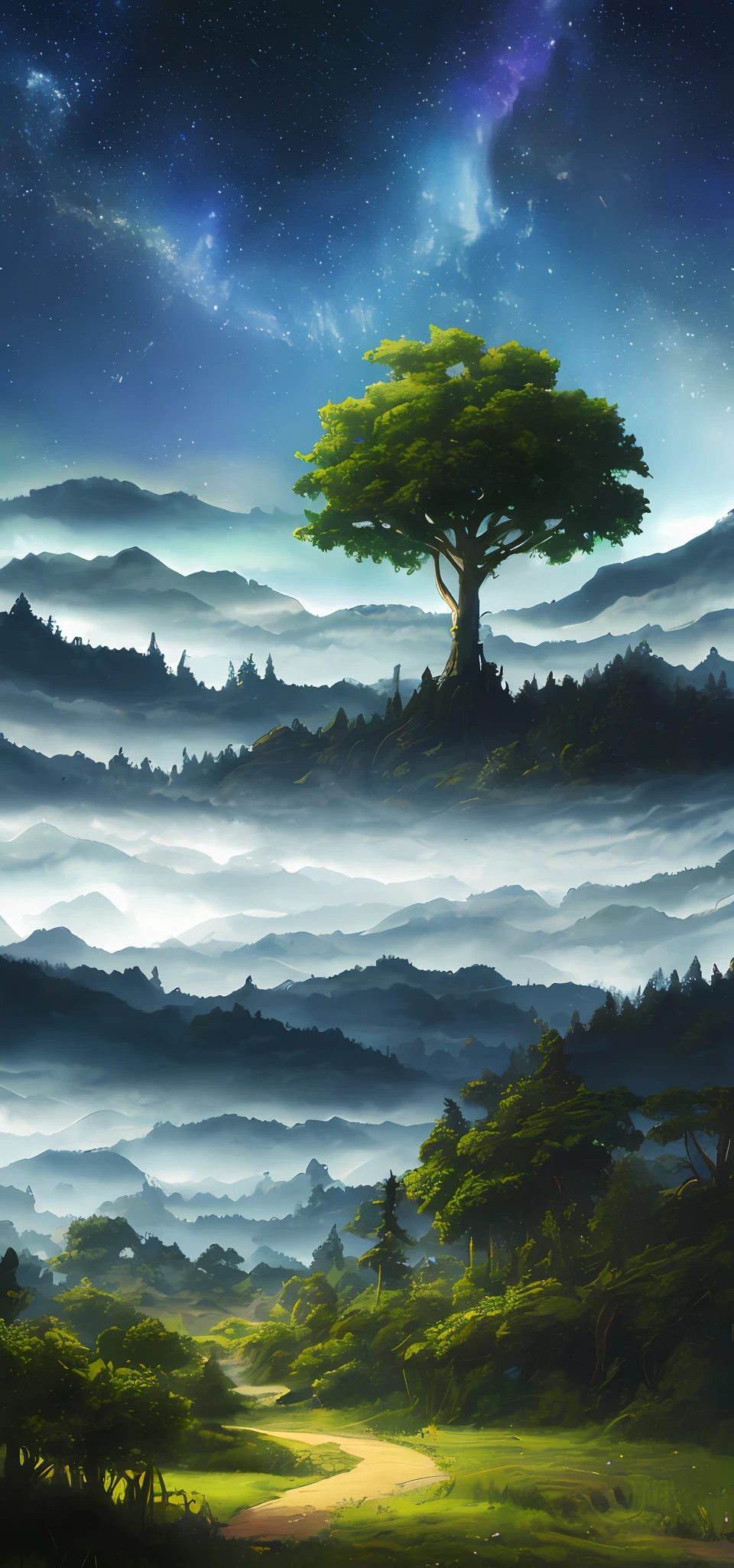 Illustration of a surreal, otherworldly, hyper sky scene including a giant crystal tree full body, highly detailed and magical lighting, intricate forest details, vegetation and surrounding river, solar punk, landscape, giant tree , beautiful green leaves, beautiful lighting and realistic proportions, as if this is a movie background, 8k, highest quality, masterpiece, clouds and stars in the sky.