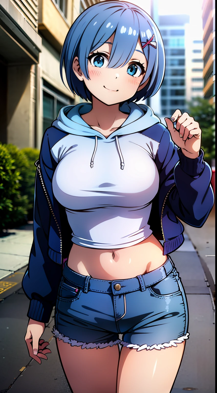 masterpiece, rem rezero, blue hair, blue eyes, detailed eyes, cheerful face, blue jacket hoodie, white shirt, dark shorts, casual oufit, medium breasts, legs apart, middle of the street,