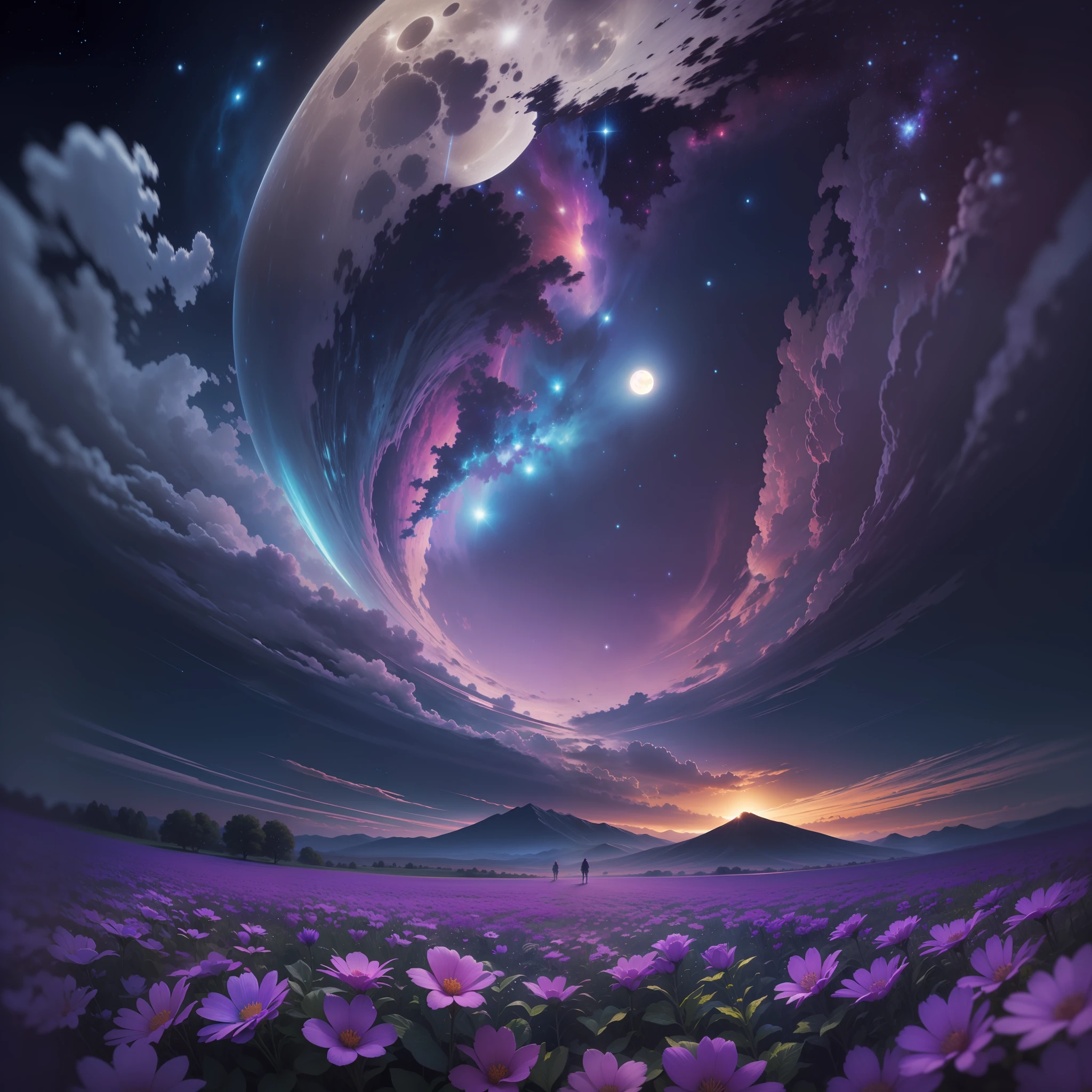 expansive landscape photograph , (a view from below that shows sky above and open field below), a girl standing on flower field looking up, (full moon:1.2), ( Ray trace:0.9), (nebula:1.3), distant mountain, tree BREAK production art, Ray light just like your Name movie, (warm light source:1.2), (Firefly:1.2), lamp, lot of blue and purple, intricate details, volumetric lighting BREAK (masterpiece:1.2), (best quality), 4k, ultra-detailed, (dynamic composition:1.4), highly detailed, colorful details,( iridescent colors:1.2), (glowing lighting, atmospheric lighting), dreamy, magical, (solo:1.2)