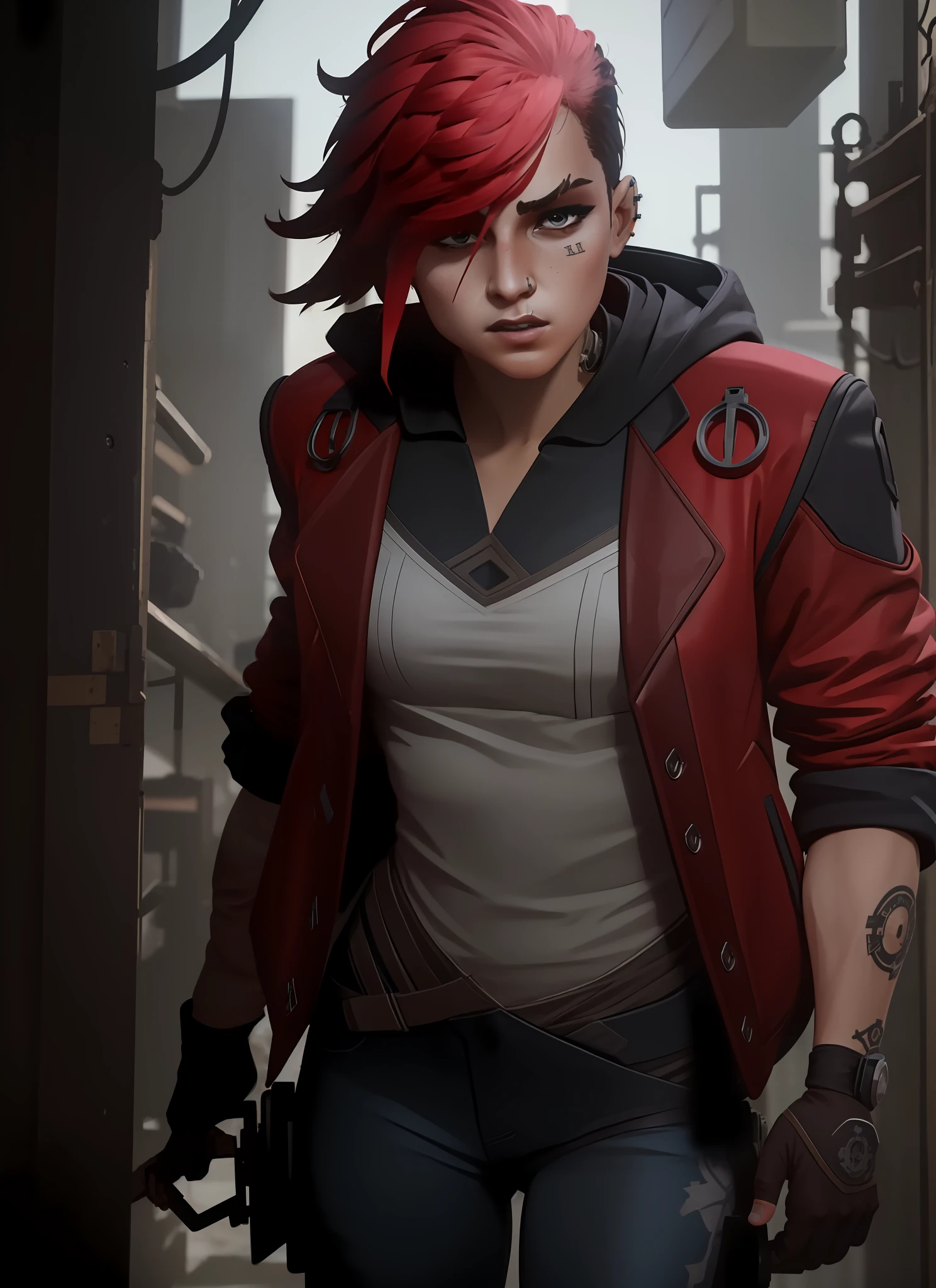 (masterpiece, best quality), intricate details, vi de arcane
 Reelmech, mechanical arms, wires, pistons, cyborg, prosthetic, cyberpunk, v1l0l, 1girl, red jacket, sleeveless hood, nose piercing, cowboy shot, fighting posture, blue pants,