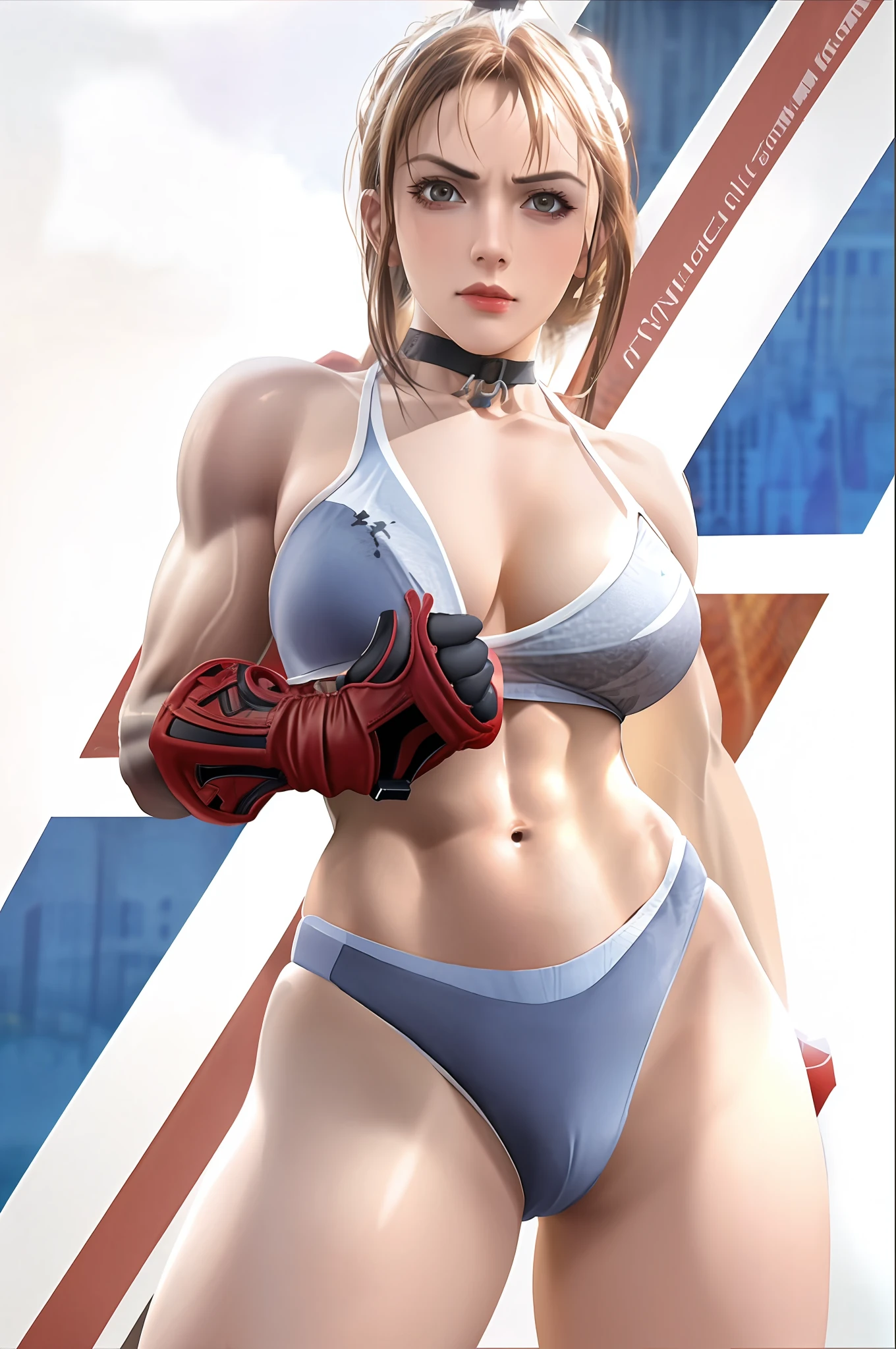 there is a woman in a bikini and boxing gloves posing, she is ready to fight, fighter pose, 3 d render character art 8 k, smooth 3d cg render, muscular! cyberpunk, posing ready for a fight, as a character in tekken, wlop glossy skin, inspired by Rob Liefeld, sfw version