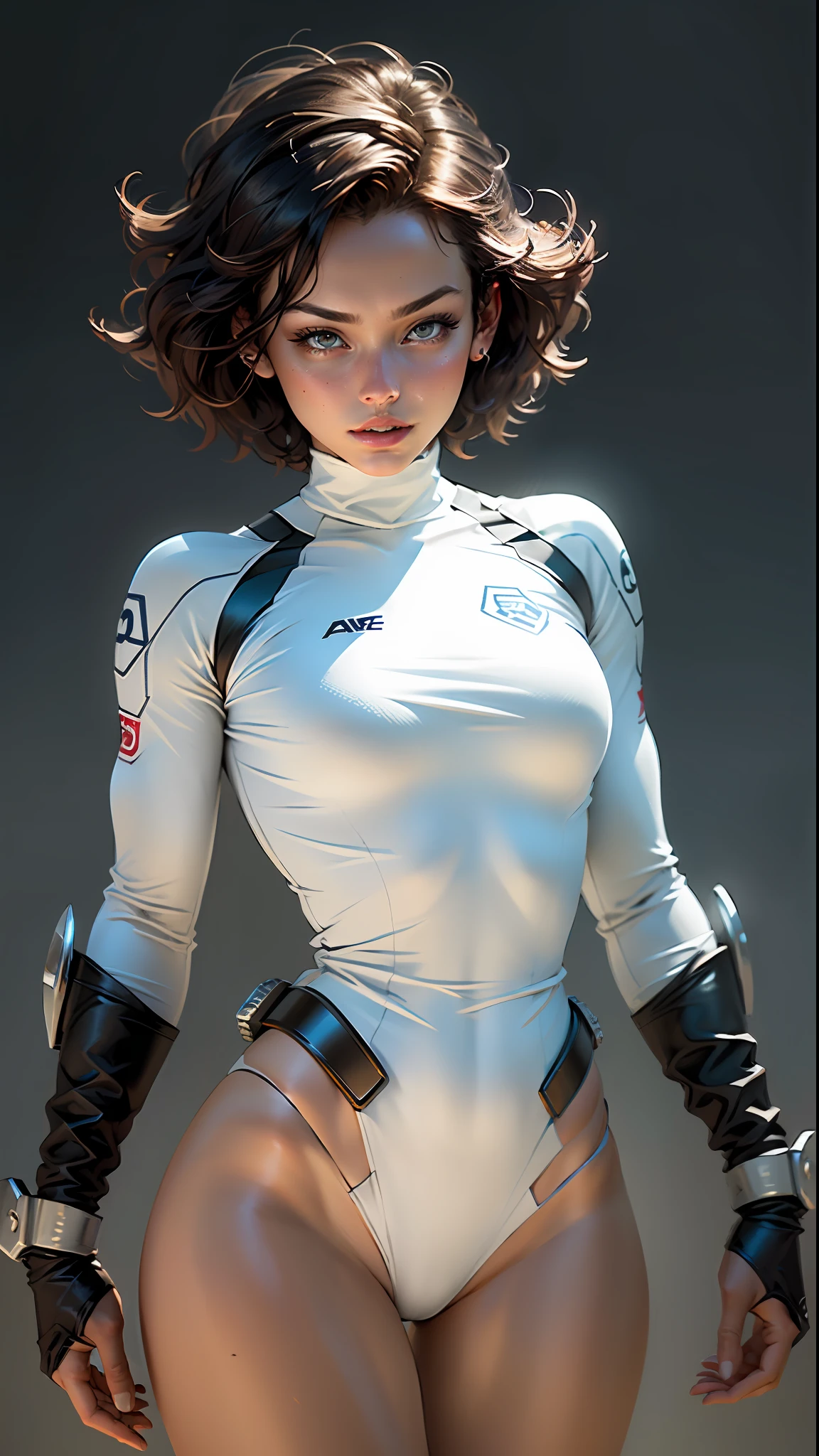"((better quality, better lighting)), beautiful model with short hair and athletic body, with Powergirl cosplay, accented and highlighted breasts, dynamic pose, colorful background, high saturation, vibrant lights."