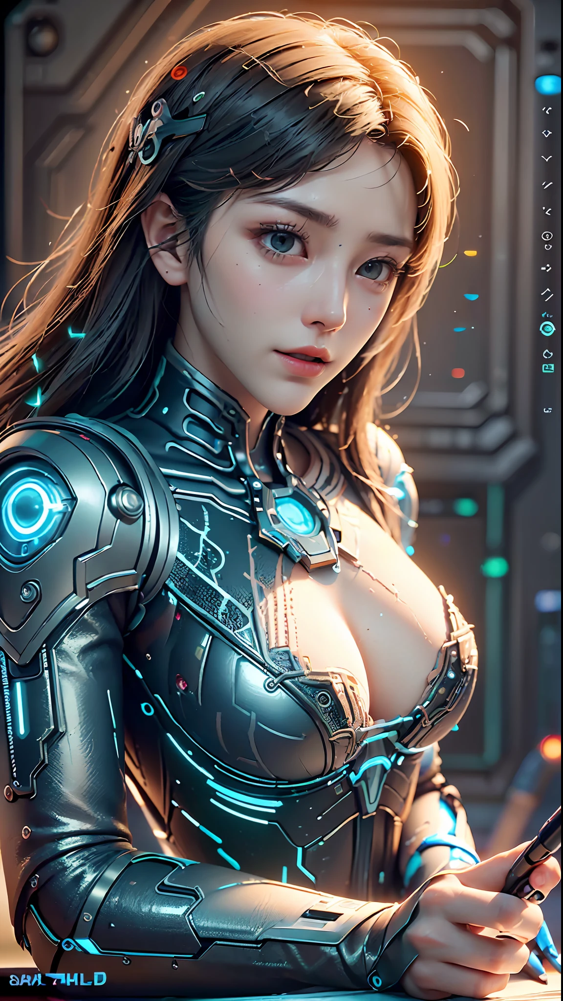 ((Best quality)), ((masterpiece)), (detailed:1.4), 3D, a beautiful cyberpunk female figure with thick hair, indoors, sitting at an electronic desk, eyes staring at the camera, holding an electronic pen in hand, inside a spaceship, (((seven-doppelganger)), (full-coverage electronic leather suit), luminescence, light particles, (((glow)), pure energy chaos anti-technology, HDR (high dynamic range), ray tracing, NVIDIA RTX,Super-Resolution,Unreal 5,Subsurface scattering,PBR Texturing,Post-processing,Anisotropic Filtering,Depth-of-field,Maximum clarity and sharpness,Multi-layered textures, Albedo and Specular maps, Surface shading, Accurate simulation of light-material interactions, Perfect Proportions, Octane Render, two-tone lighting, large aperture, low ISO, white balance, rule of thirds, 8K RAW