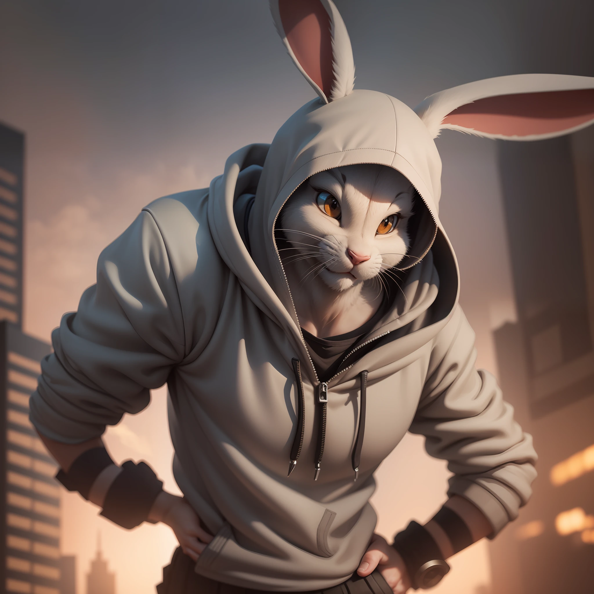 "generate an impactful and ultra-realistic image of Warner Bros.'s Bugs Bunny wearing a hoodie, with a bad face, in a city setting and mysterious. The intention is to create a faithful representation of the original character, with impressive details and realistic effects. The setting will be shrouded in mystery, with dramatic lighting and intriguing elements. The AI will be guided to capture Bugs Bunny's iconic features while maintaining his unmistakable personality and appearance. The camera is positioned at a dynamic angle, as if it were a film shot, giving a sense of action and suspense."