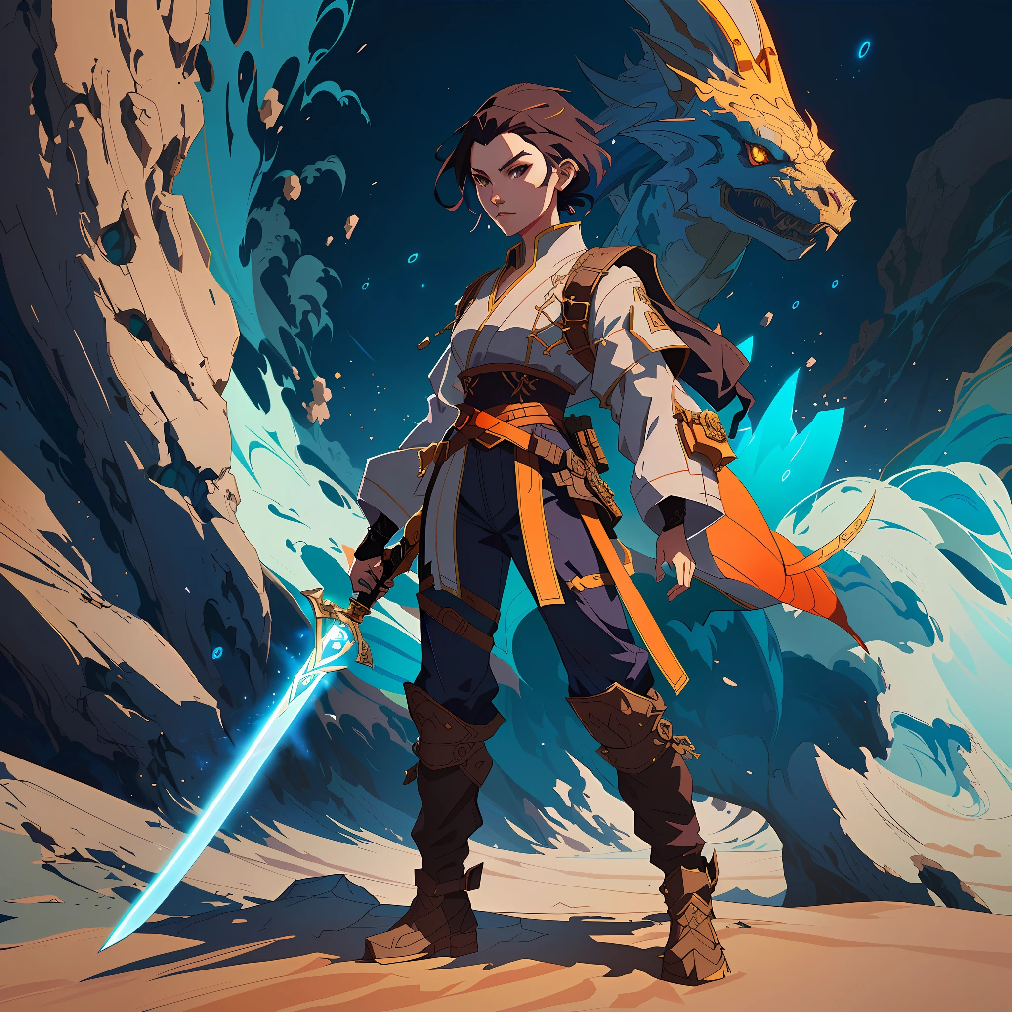 anime character with sword standing in front of a dragon, epic fantasy digital art style, digital 2d fantasy art, detailed digital 2d fantasy art, android jones and atey ghailan, epic fantasy art style, detailed digital concept art, digital concept art illustration, concept art digital illustration, atey ghailan 8 k, epic fantasy style art