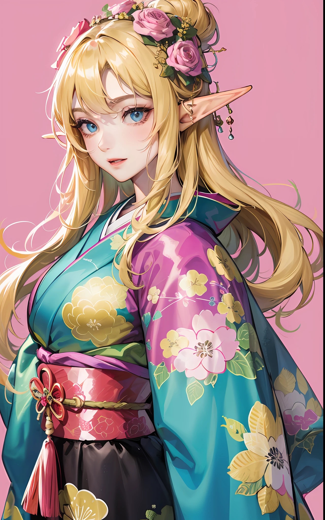 An elf with a large body, long straight yellowish hair, blue eyes, a friendly expression, dressed in a pink kimono, on a pink background.