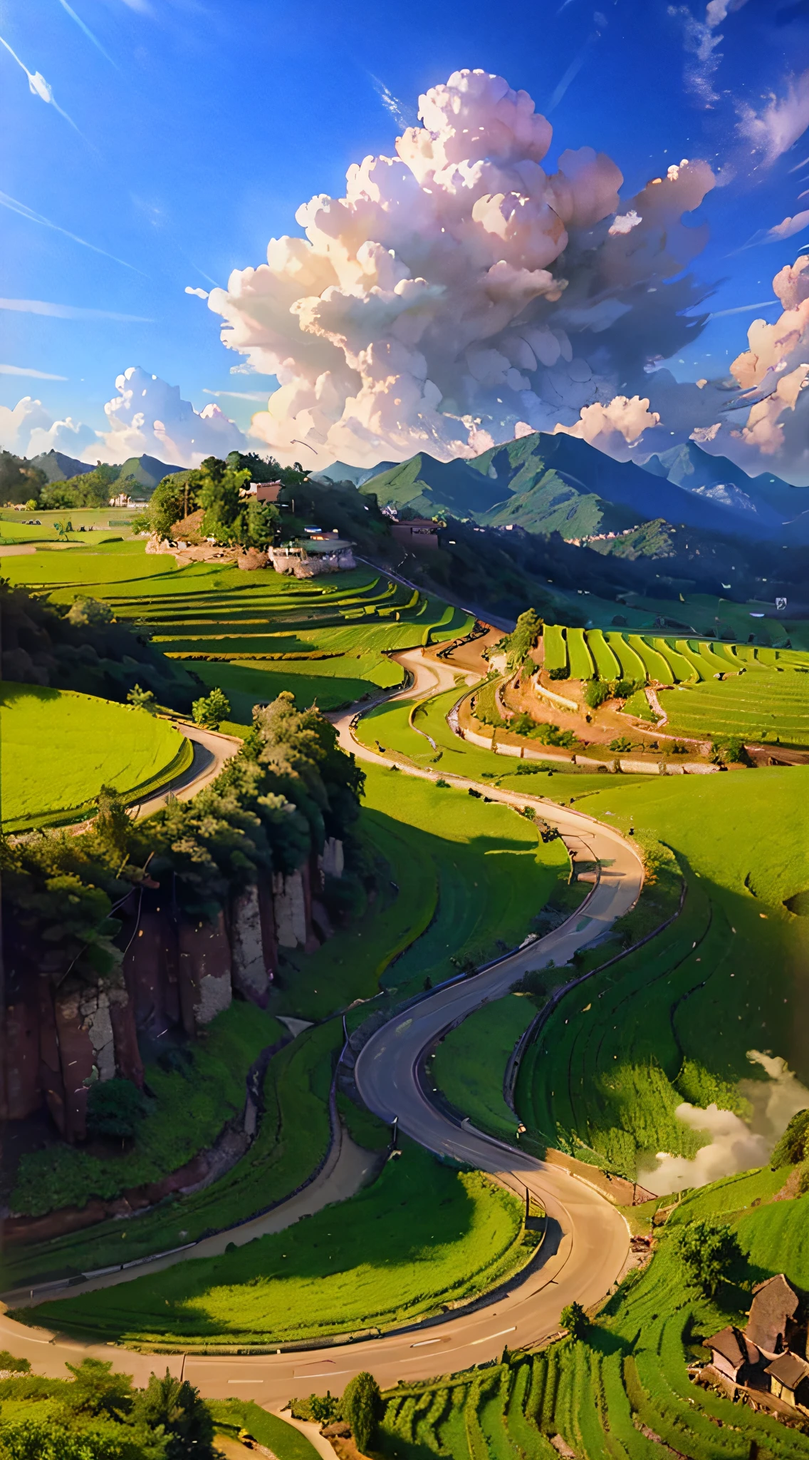 Walk on the winding roads of the countryside, big clouds, blue sky, rice fields, neat rice seedlings in the fields, forests, hillsides, secluded, countryside, HD detail, hyper-detail, cinematic, surrealism, soft light, deep field focus bokeh, ray tracing and surrealism