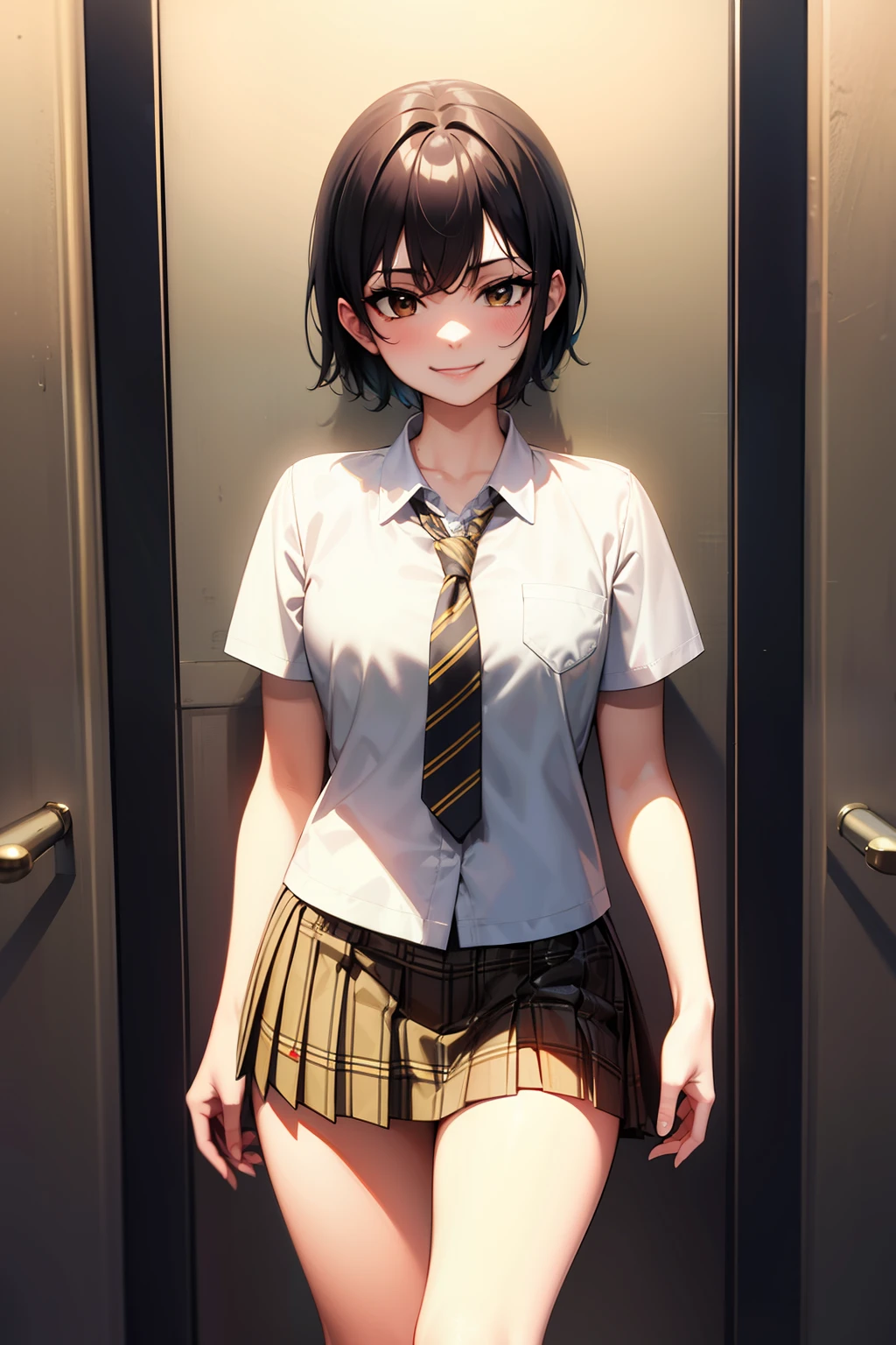 Masterpiece, Top Quality, High Resolution, Masterpiece, Adult Woman, Single, School Uniform, Yellow Plaid Tie, White Shirt, Pleated Mini Skirt, Yellow Plaid Miniskirt, Short Hair, Evil Smile, Black Hair, Bad Smile, Evil Plan, Brown Eyes, Dark Room, Jail, Jail