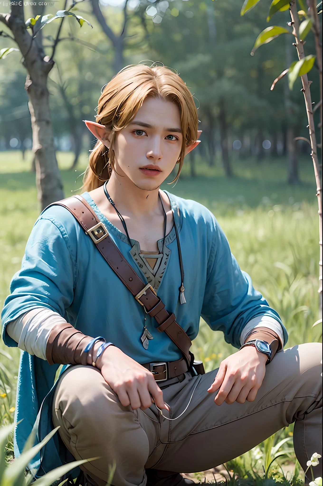 masterpiece,best quality,live-action adaptation,man,male,portrait of link,1 boy,solo,link,legend of zelda's breath of the wild,blue tunic,blonde,pointed ears,outdoors,field,highly detailed