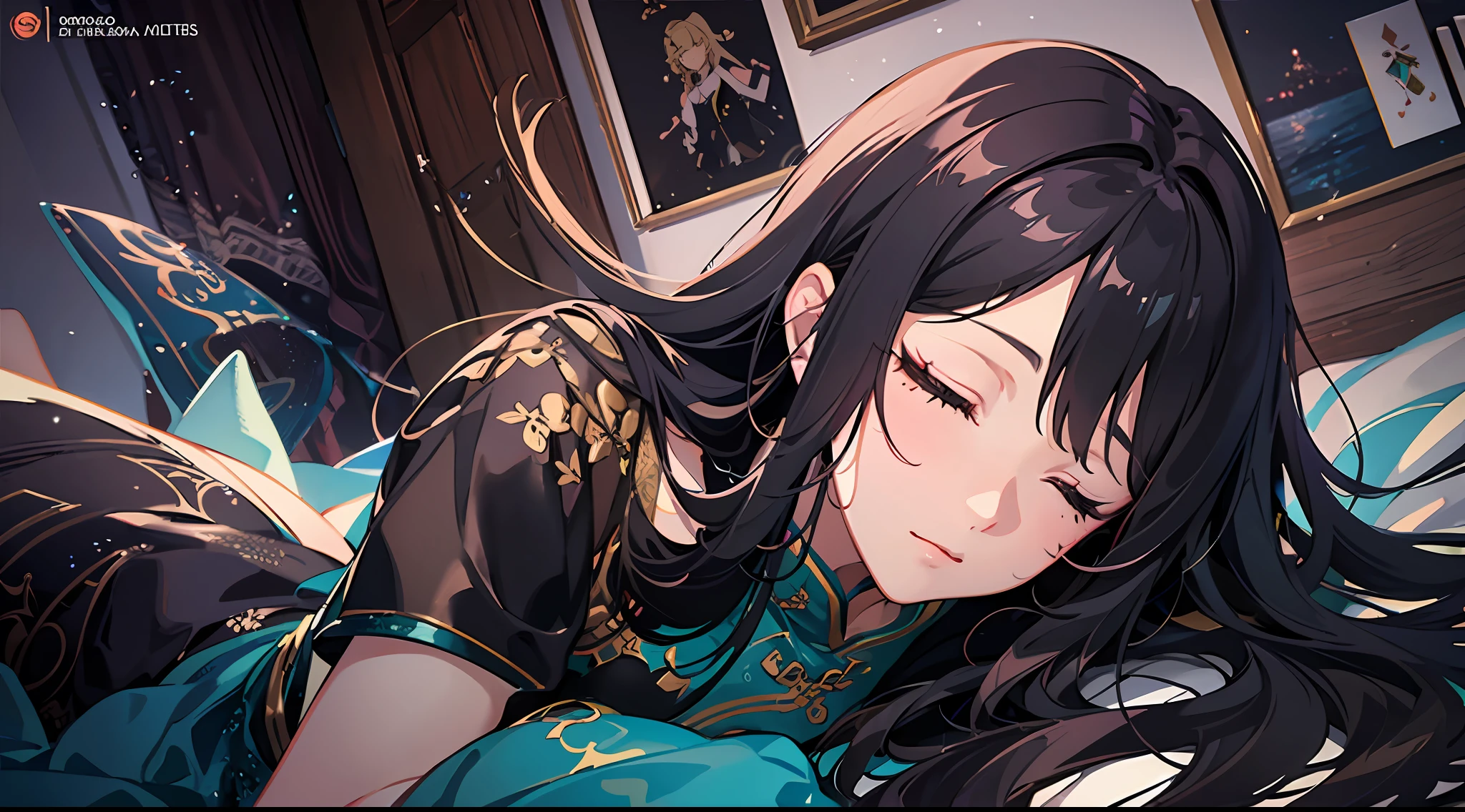 A beautiful middle-aged woman with long black hair, mature woman, royal sister, wearing a cheongsam, green clothes, good figure, full body, in a villa, sleeping on the sofa in the living room, eyes closed, lying flat, expressionless, very luxurious ornaments, vistas, delicate facial features, clear facial expressions, detailed digital animation art, digital animation art, high-quality anime art style, smooth anime CG art