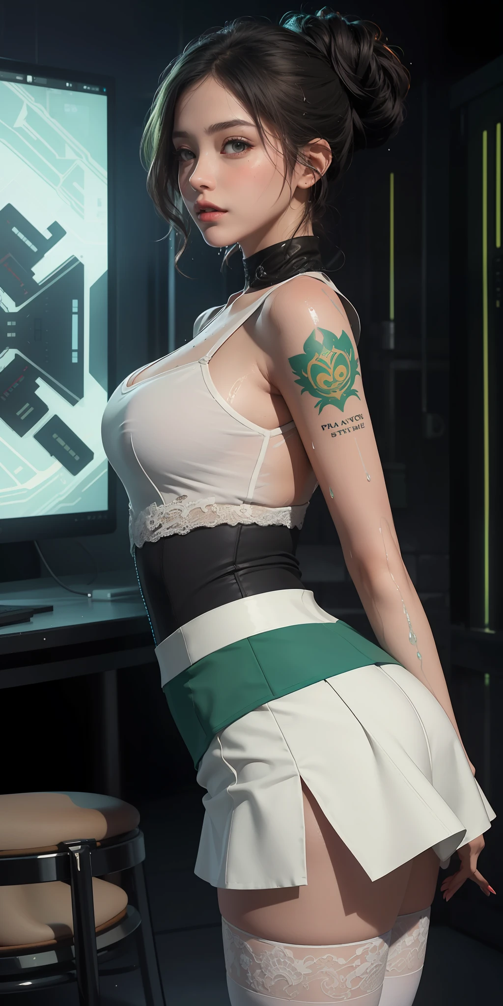 Very detailed CG, 1 girl, red face, slightly open lips, wet body, full and symmetrical breasts, raised buttocks, white tight hip skirt (black and green lines on both sides of the skirt), black knee-length lace-trimmed stockings, white high heels, various hairstyles, tattoos, chest bump close-up, buttocks close-up, detailed clothing details, multiple angles, black sky, gloomy room, dim lighting, futuristic, sci-fi, dynamic angle, flowing, 8k wallpaper, masterpiece, best quality, super detailed, Best lighting, best shadows