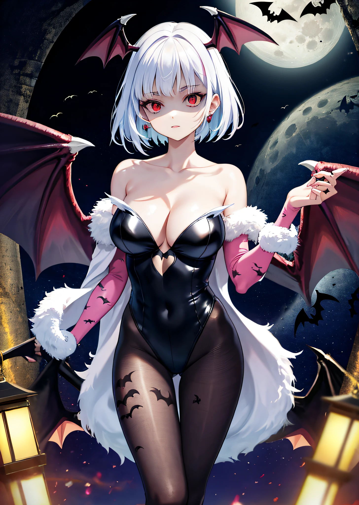 1girl, breasts, chest jewel, pantyhose, head wings, solo, big breasts, red hair, morrigan aensland, wings, animal print, bat print, short hair, red eyes, print legwear, sweep bangs, leotard, bat wings, cleavage, bangs, headdress, Claw style, bare shoulders, black leotard, looking at the audience, night, moon, simple background