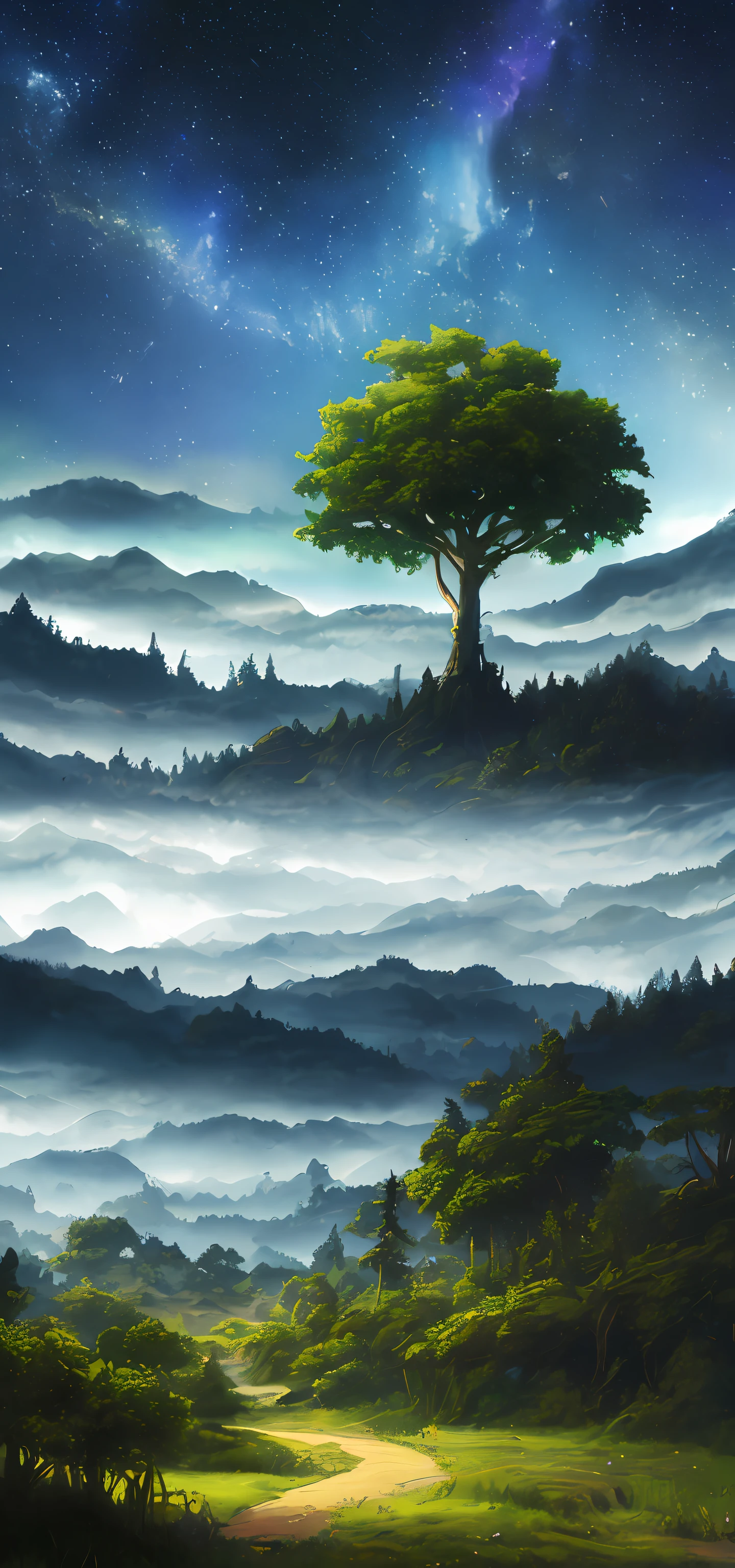 Illustration of a surreal, otherworldly, hyper sky scene including a giant crystal tree full body, highly detailed and magical lighting, intricate forest details, vegetation and surrounding river, solar punk, landscape, giant tree , beautiful green leaves, beautiful lighting and realistic proportions, as if this is a movie background, 8k, highest quality, masterpiece, clouds and stars in the sky.