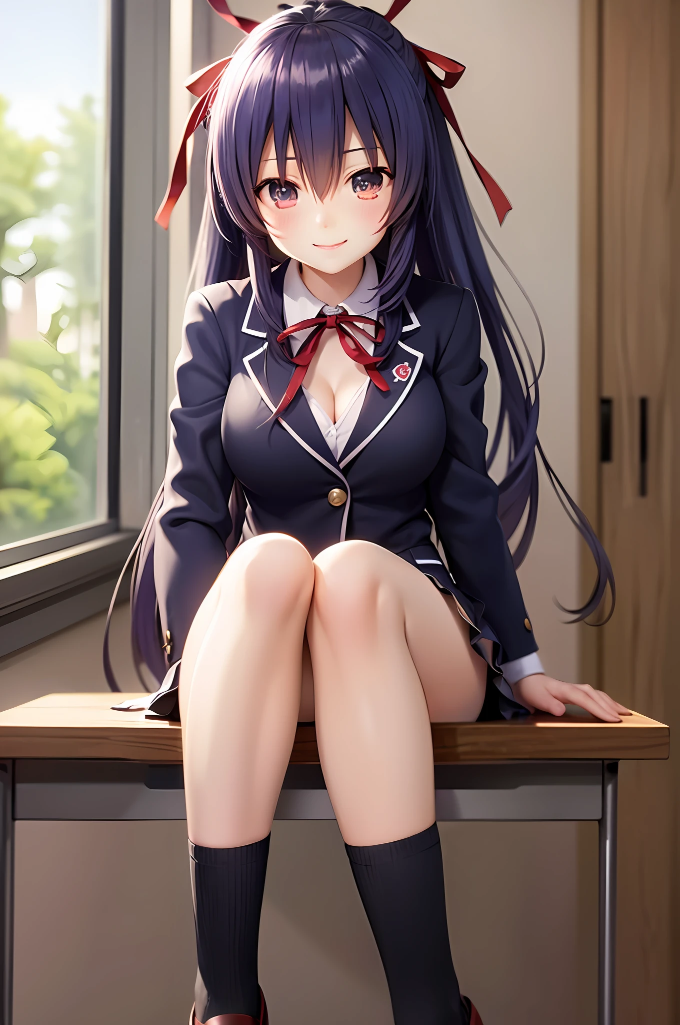 Yatogami tohka, school uniform, blazer, cleavage, medium breasts, best quality, long hair, pony tail, red ribbon hair, masterpiece, highres, best quality, blush, smile shy, sexy pose, indoor, chair, classroom, window, pleated skirt, stocking, thighhigh,