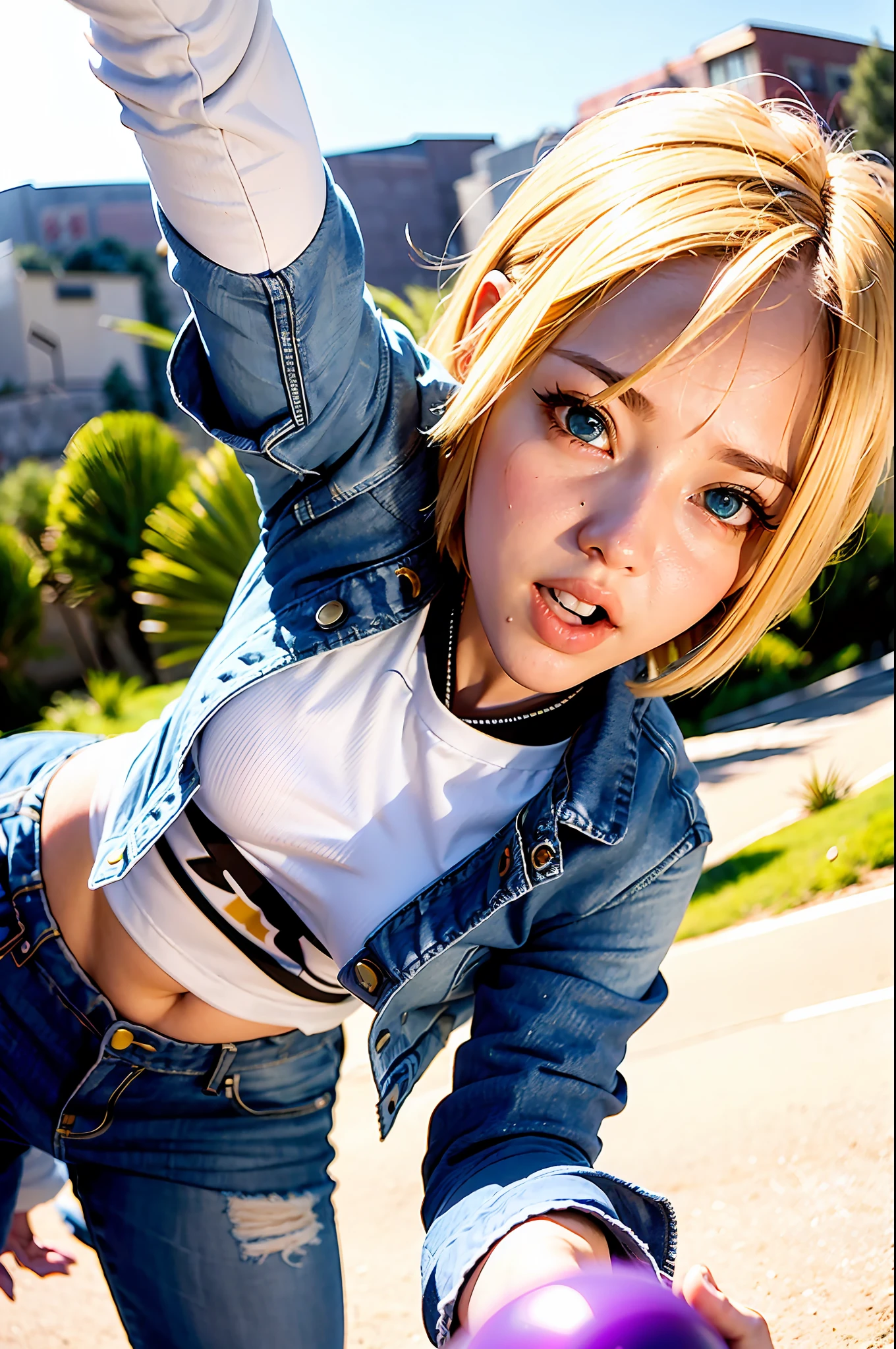 (((Very low angle shooting))),((Fisheye lens)),(((1 girl, cute, denim jacket, white top, jeans, gloves, blonde hair, short hair, wave head, side split hair, blue eyes))), (((blonde)), dynamic pose, comic book style, depicts a group of characters in various action scenes, from intense combat to relaxing moments, with dramatic speed lines and bold sound effects that capture the excitement and energy of the story, lasers emitted by the palms, attacking forward with the palms, Yellowstone, Grand canyon