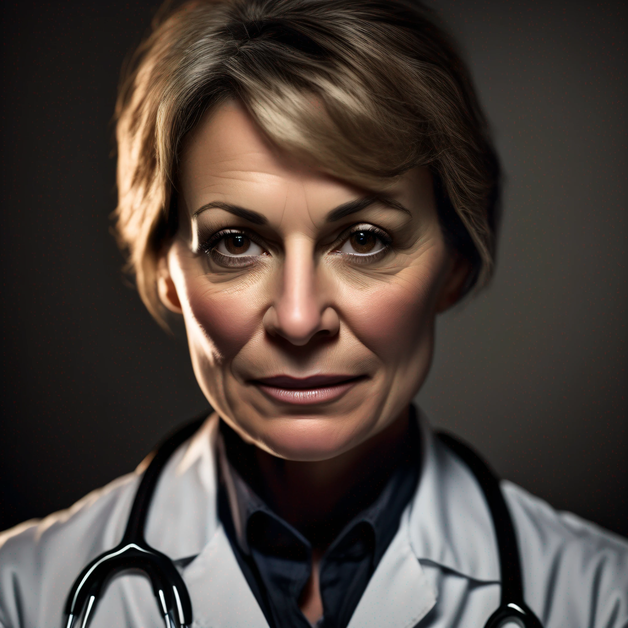 Middle-aged female doctor striped face, looking at front camera, dark background with real skin tone, 9:16 photo