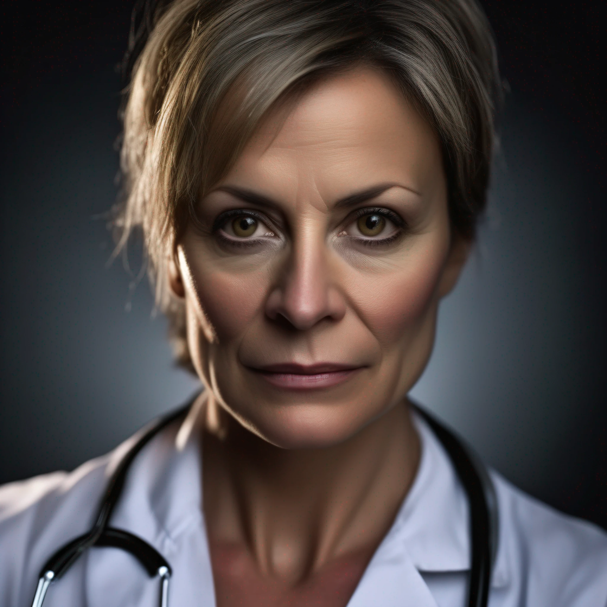 Middle-aged female doctor striped face, looking at front camera, dark background with real skin tone, 9:16 photo