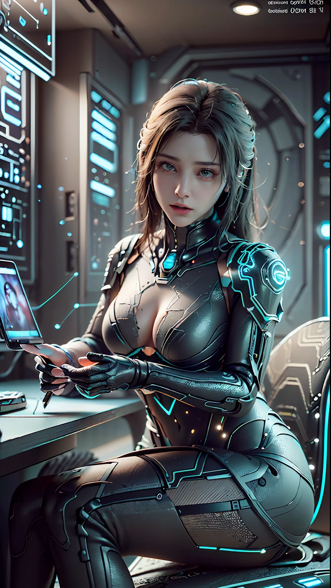 ((Best quality)), ((masterpiece)), (detailed:1.4), 3D, a beautiful cyberpunk female figure with thick hair, indoors, sitting at an electronic desk, eyes staring at the camera, holding an electronic pen in hand, inside a spaceship, (((seven-doppelganger)), (full-coverage electronic leather suit), luminescence, light particles, (((glow)), pure energy chaos anti-technology, HDR (high dynamic range), ray tracing, NVIDIA RTX,Super-Resolution,Unreal 5,Subsurface scattering,PBR Texturing,Post-processing,Anisotropic Filtering,Depth-of-field,Maximum clarity and sharpness,Multi-layered textures, Albedo and Specular maps, Surface shading, Accurate simulation of light-material interactions, Perfect Proportions, Octane Render, two-tone lighting, large aperture, low ISO, white balance, rule of thirds, 8K RAW