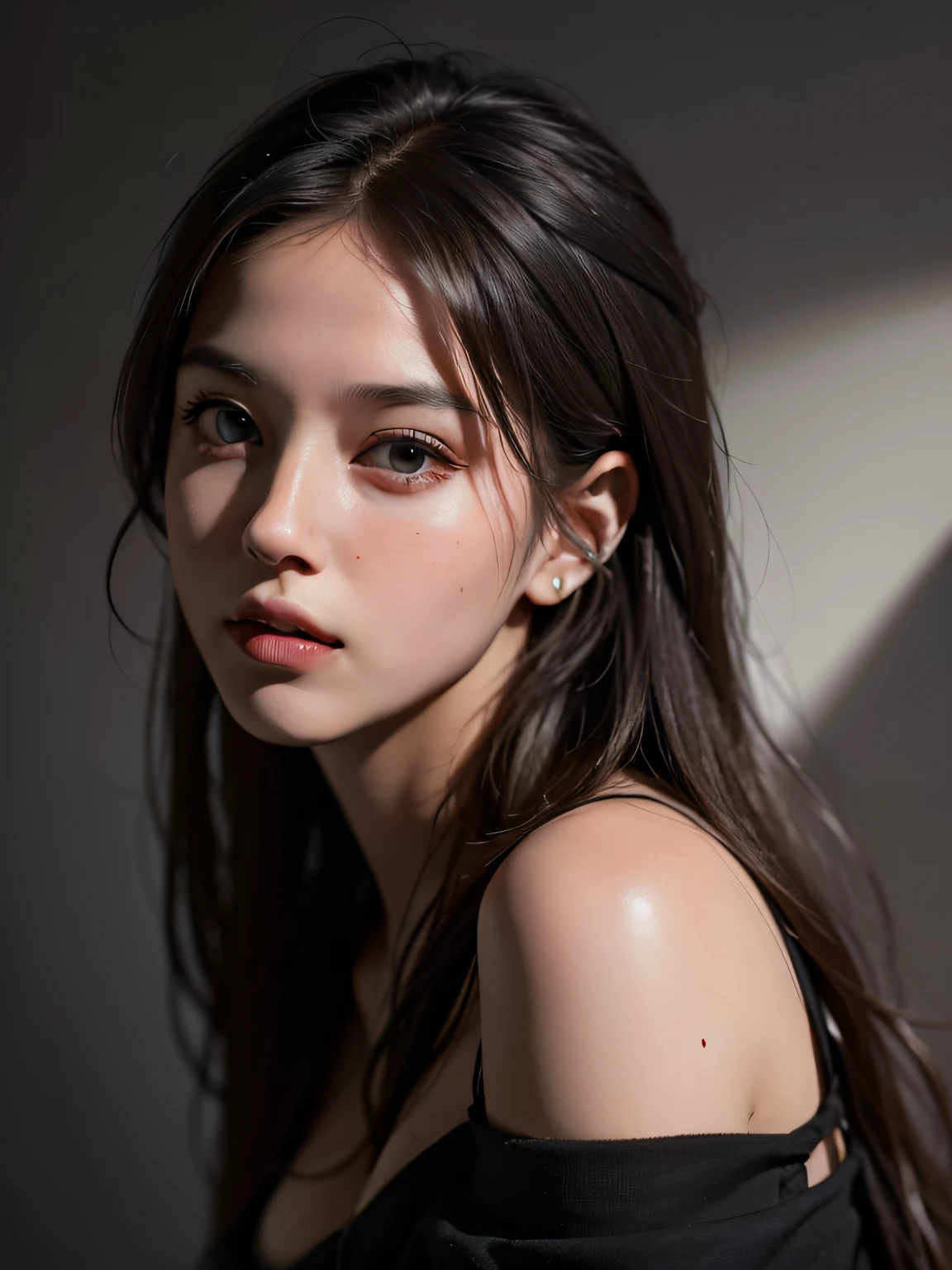 Best quality, masterpiece, ultra high res, (photorealistic:1.4), raw photo, 1girl, offshoulder, in the dark, deep shadow, low key, cold light