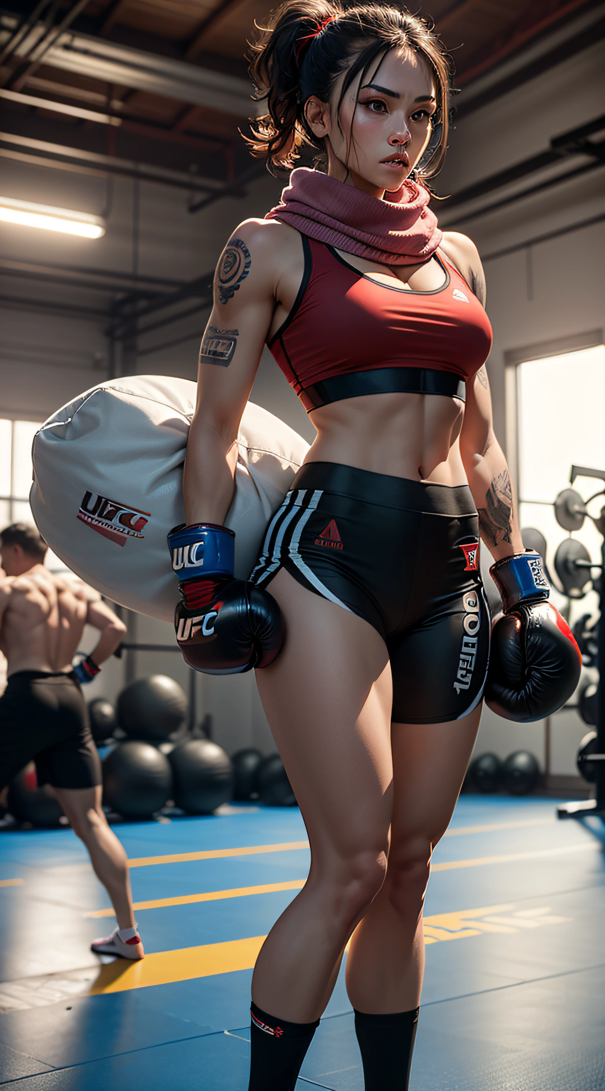 (A fighter training in the gym punching the sandbag), Brazilian brunette,sexy,red blouse,tattooed,white scarf, long head, black,, UFC shorts, white MMA gloves, mirror, mat, weight machines, weights lying on the floor, gloves, photos of fighters hanging on the wall, realistic, ultra-detailed --auto