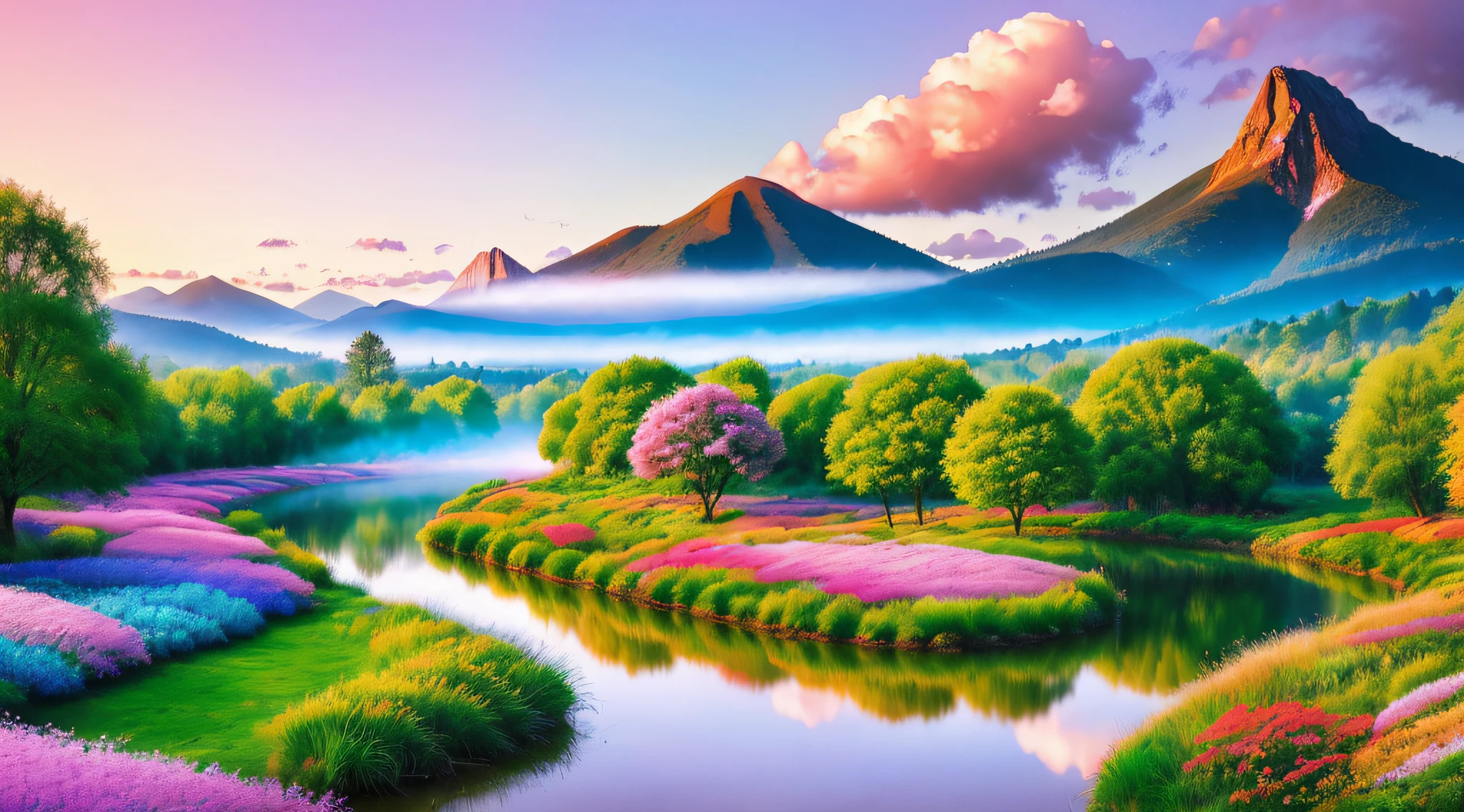 Gorgeous surrealistic landscape with a dreamy atmosphere, featuring a majestic tree in the center, surrounded by a beautiful river, misty mountains, and vibrant flowers. The scene is illuminated by a warm and soft light that wraps the trees and flowers in a delicate glow. Add in a rainbow-colored sky with fluffy clouds and a hint of fantasy elements.