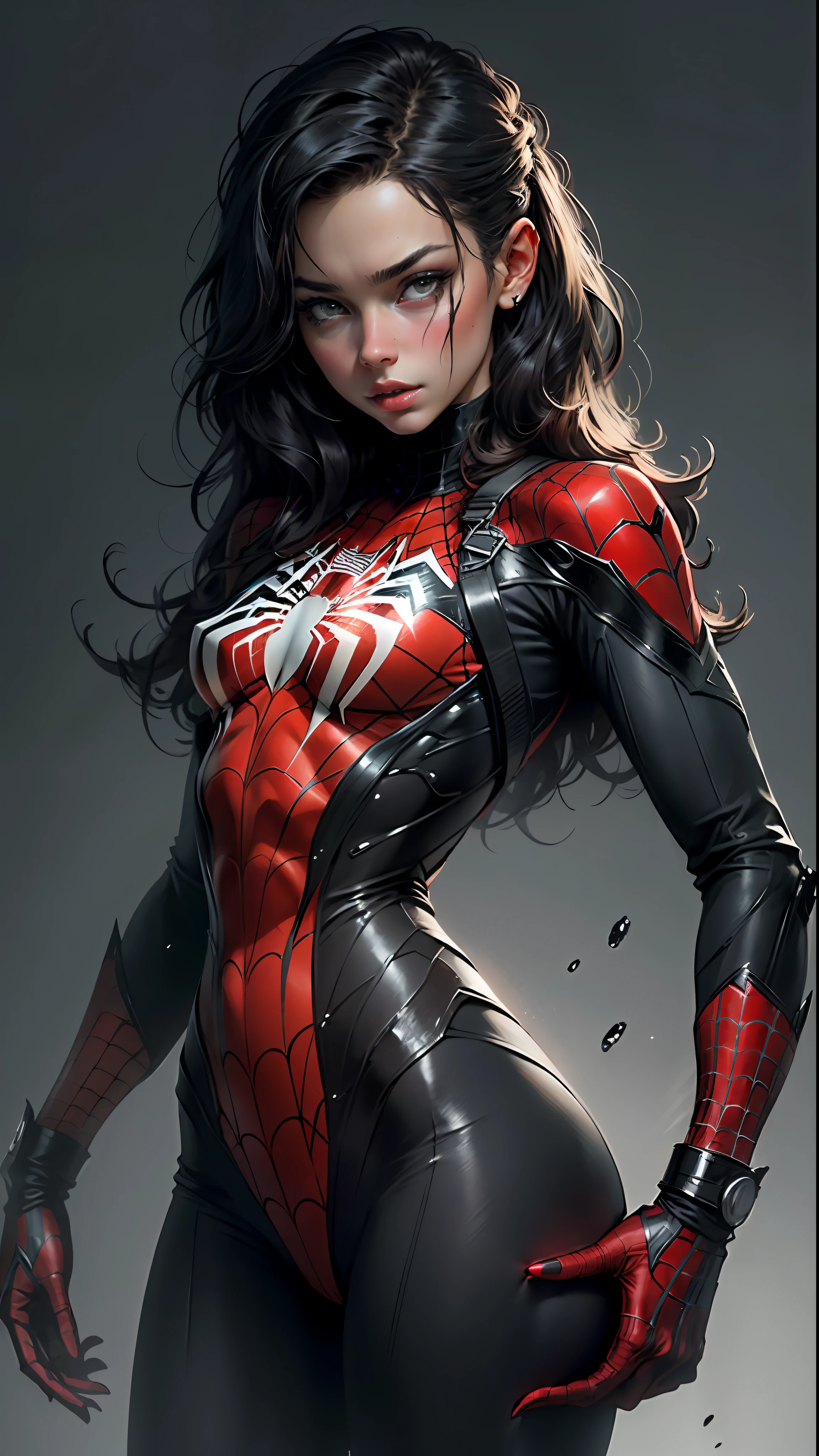 Beautiful woman detailed defined body using Spider-Man role-playing, small breasts, black and white color scheme