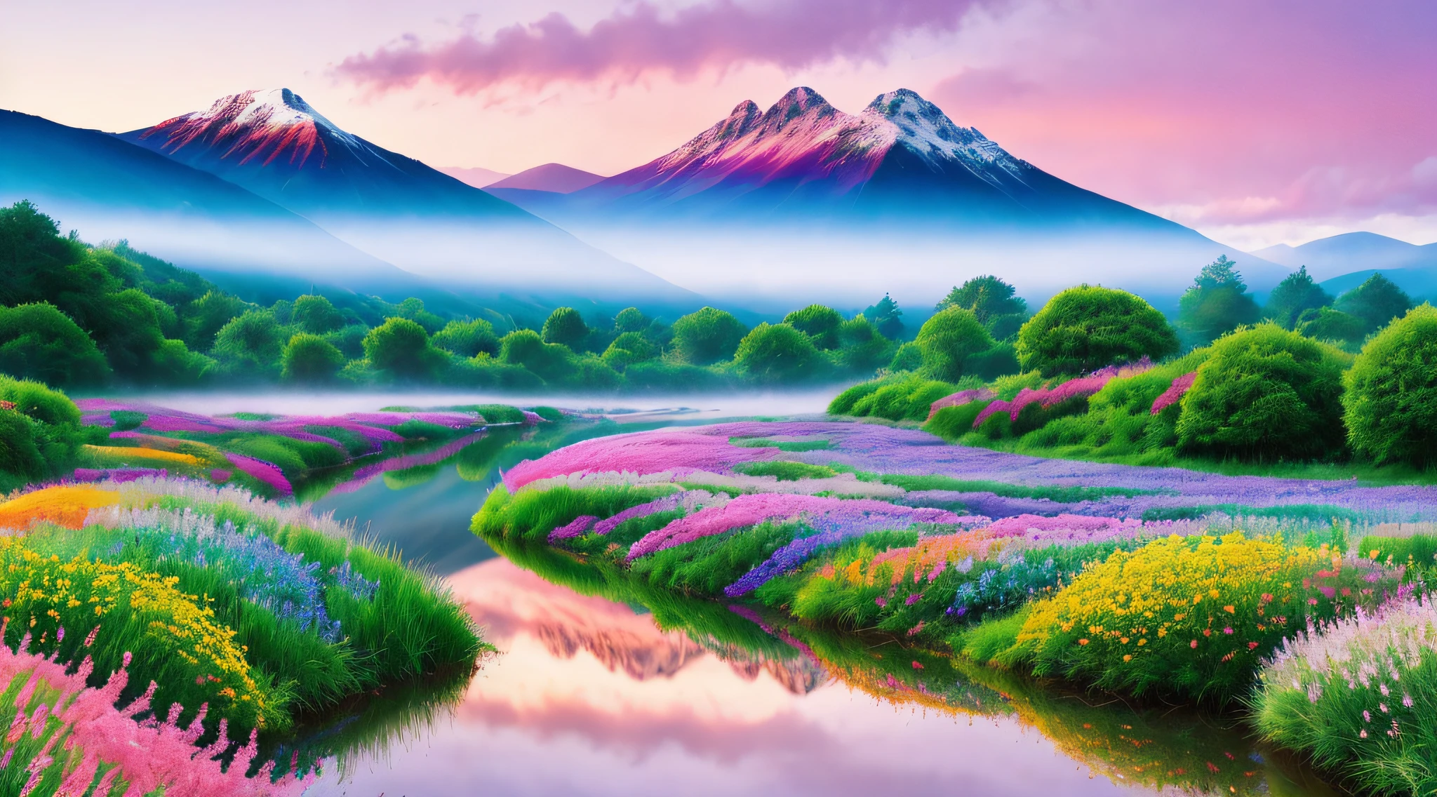 Gorgeous surrealistic landscape with a dreamy atmosphere, featuring a majestic tree in the center, surrounded by a beautiful river, misty mountains, and vibrant flowers. The scene is illuminated by a warm and soft light that wraps the trees and flowers in a delicate glow. Add in a rainbow-colored sky with fluffy clouds and a hint of fantasy elements.
