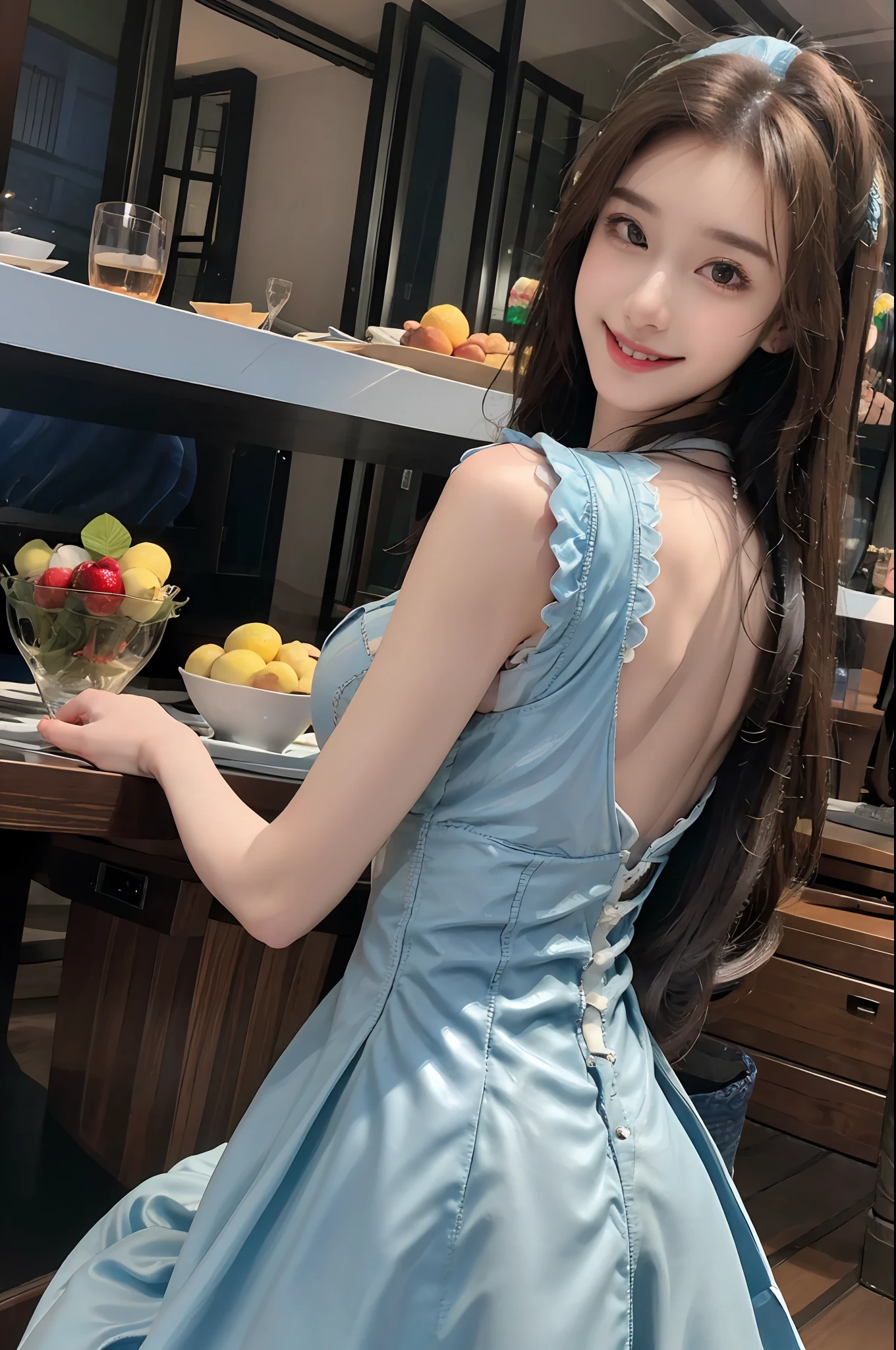 Realistic, High resolution, 1 girl, long hair, Korean, smiling, slightly hunched, big breasts: 1.2, (((blue Lolita dress))), back turn, kitchen, fruit, real photo, reclining