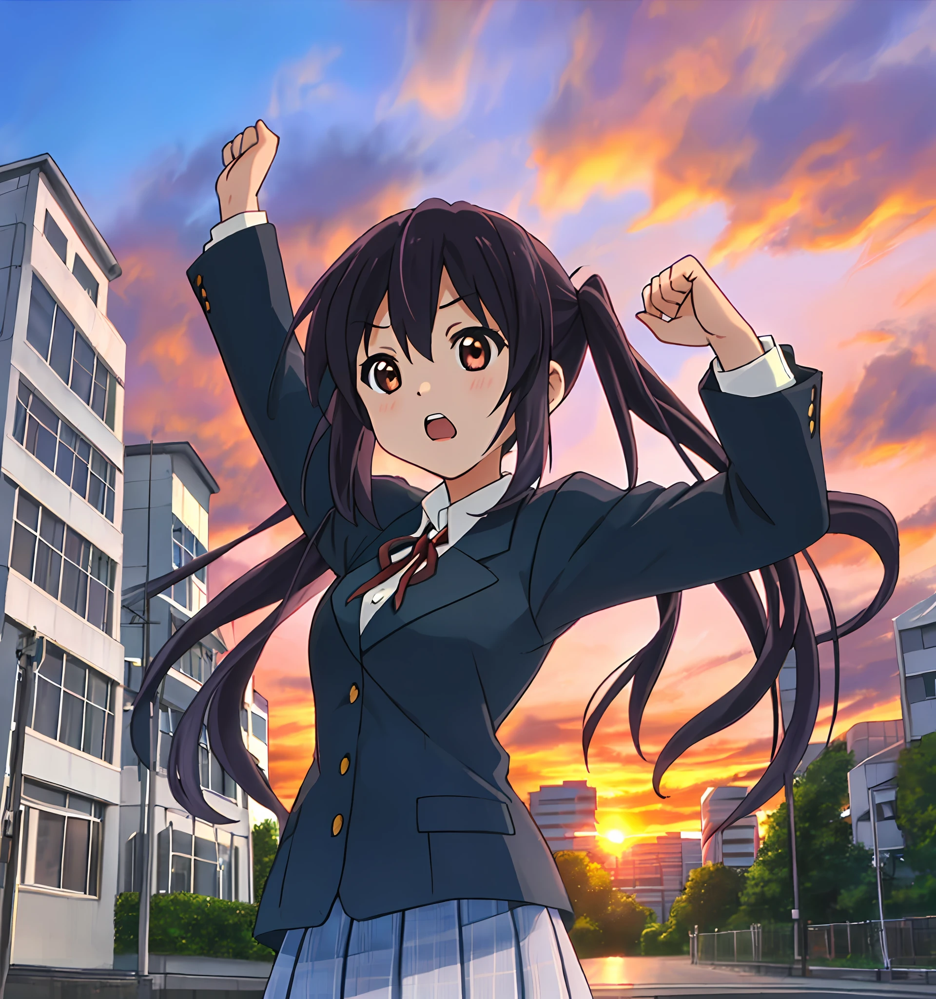 1girl, ((((Masterpiece))), Best Quality, Best Quality, High Detail, Azusa Nakano, 1girl, Sakuragaoka High School Uniform, Musical Instrument, School Uniform, Twin Tails, Long Hair, Black Hair, Brown Eyes, Solo, Red, Dark blue blazer with a thin ribbon of red, Solid white button shirt under blazer, Illustration, Cartoon, Soothing tones, Muted colors, Soft cinematic light, Adobe Lightroom, Photo Lab, HDR, complex and highly detailed, (((depth of field))))). (((Masterpiece))). (((highest quality))).) ((super detail))). (((Illustration))). (((fighting stance))).,((((Gigantic))).dynamic focus. (((skyscrapers))). (((Cityscape))). (((Despair Face))). open mouth. (((Sunset))). (((Sunset))). (((clench fists))). (((Proud))). (((small breasts))). (((Raise arms))). (((One arm is bent))).