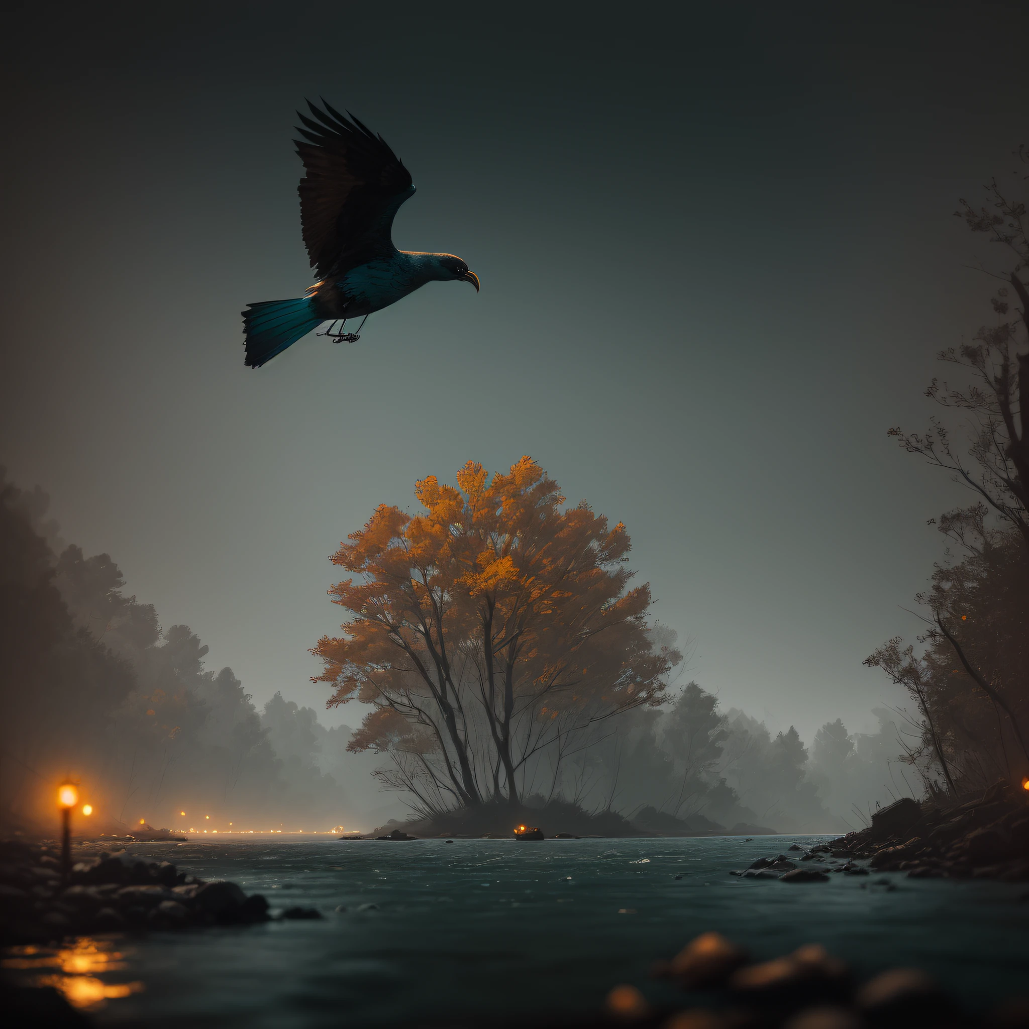 Close-up of 1Beautiful bird flying over the river, day, magic hour, forest in the background, realistic epic, portrait of, James Gilleard, by Joe Fenton, by Kaethe Butcher, yellow gradient, black, brown and magenta color scheme, grunge aesthetic!! soft cinematic light, adobe lightroom, photo lab, hdr, intricate, highly detailed, (depth of field: 1.4), faded, (neutral colors: 1.2), (hdr: 1.4) , (soft colors:1.2), hyperdetailed, (artstation:1.4), cinematic, warm lights, dramatic light, (intricate details:1.1), complex background, (rutkowski:0.66), (blue and orange:0.4)