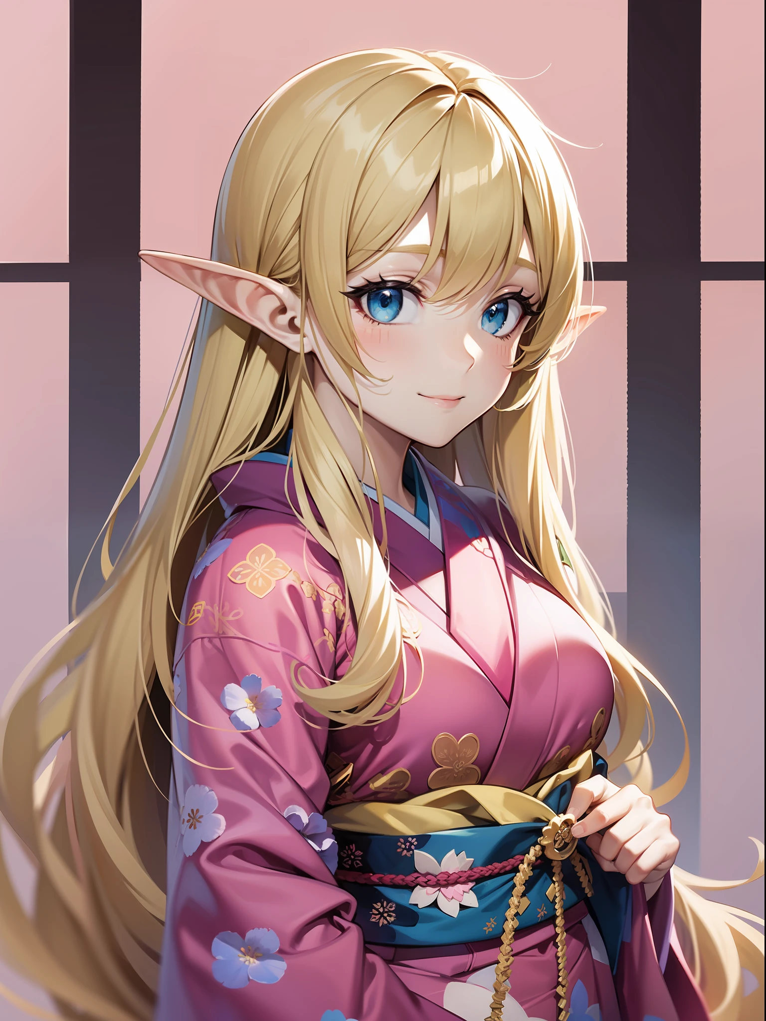 An elf with a large body, long straight yellowish hair, blue eyes, a friendly expression, dressed in a pink kimono, on a pink background.