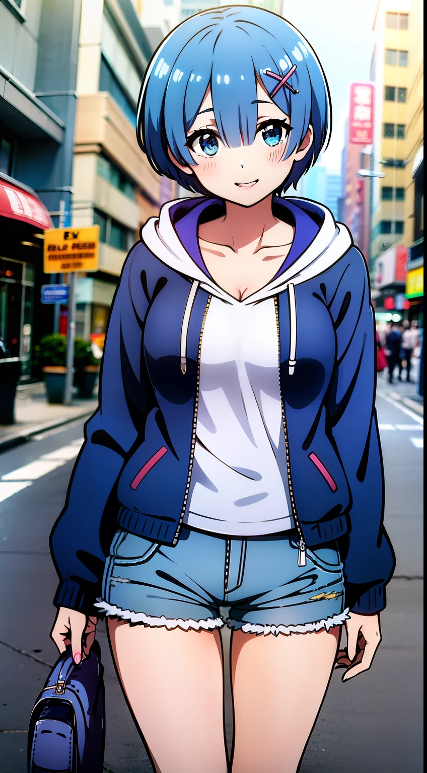 masterpiece, rem rezero, blue hair, blue eyes, detailed eyes, cheerful face, blue jacket hoodie, white shirt, dark shorts, casual oufit, medium breasts, legs apart, middle of the street,